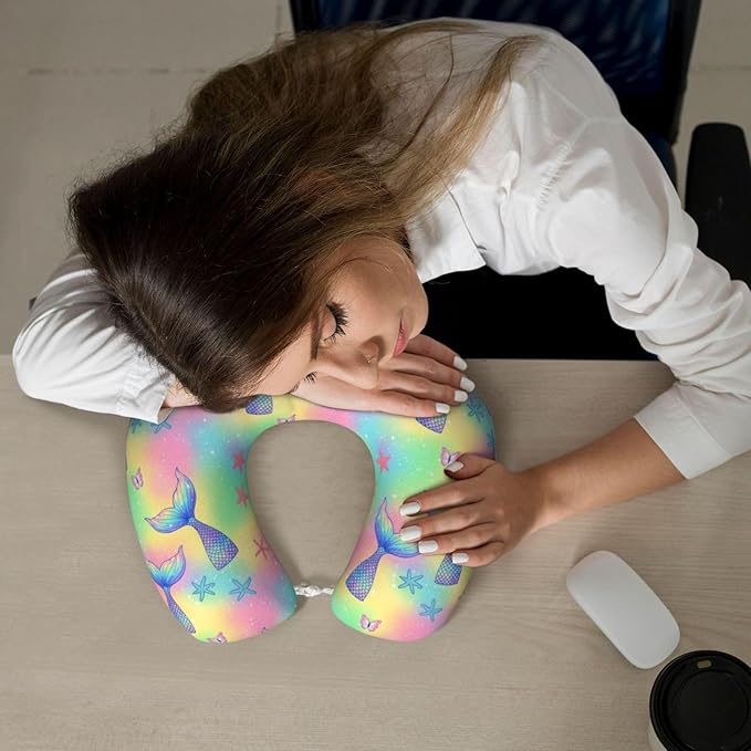 Neck Pillow Memory Foam Chin Cushion with Breathable Cover Magic Glitter Pink Mermaid Tail, Cute Airplane Car Pillows for Office Head Pain Relief