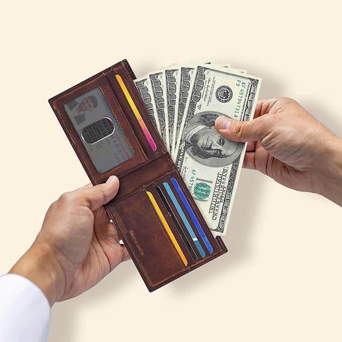 Oak Leathers Slim Leather Wallet for Men - RFID Blocking Slim Minimalist Front Pocket - Thin & Stylish with ID Window, Gift For Men (Vintage Brown)