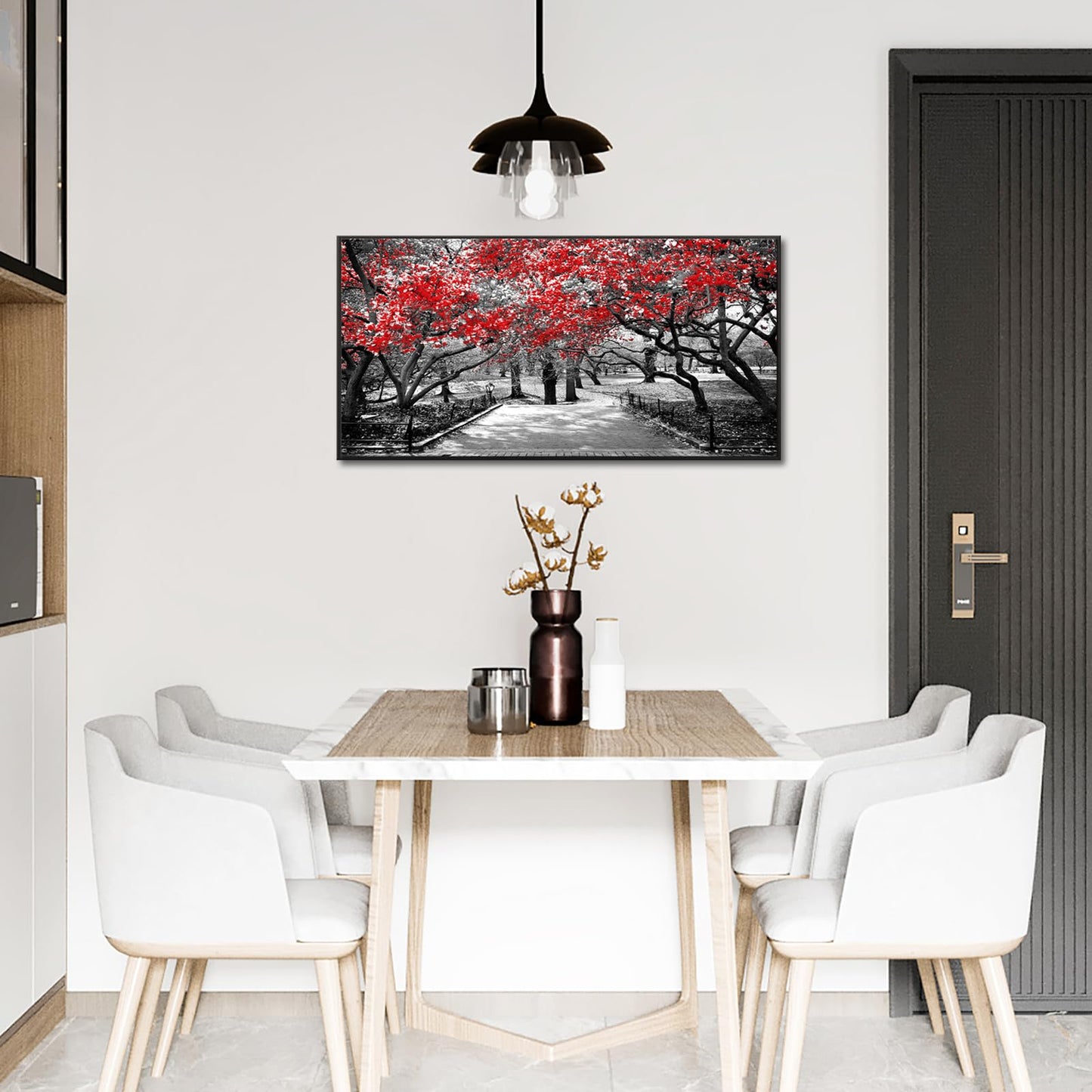 Muzenso Black and Red Trees Canvas Wall Art 20x40 Inch Surreal Black and White Landscape Scene in Central Park New York City Artwork with Black Floater Frame Modern Urban Home Decoration