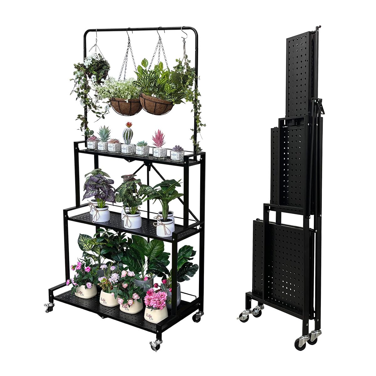 lumizone Foldable 4-Tier Plant Stand With Wheels Indoor Outdoor Black