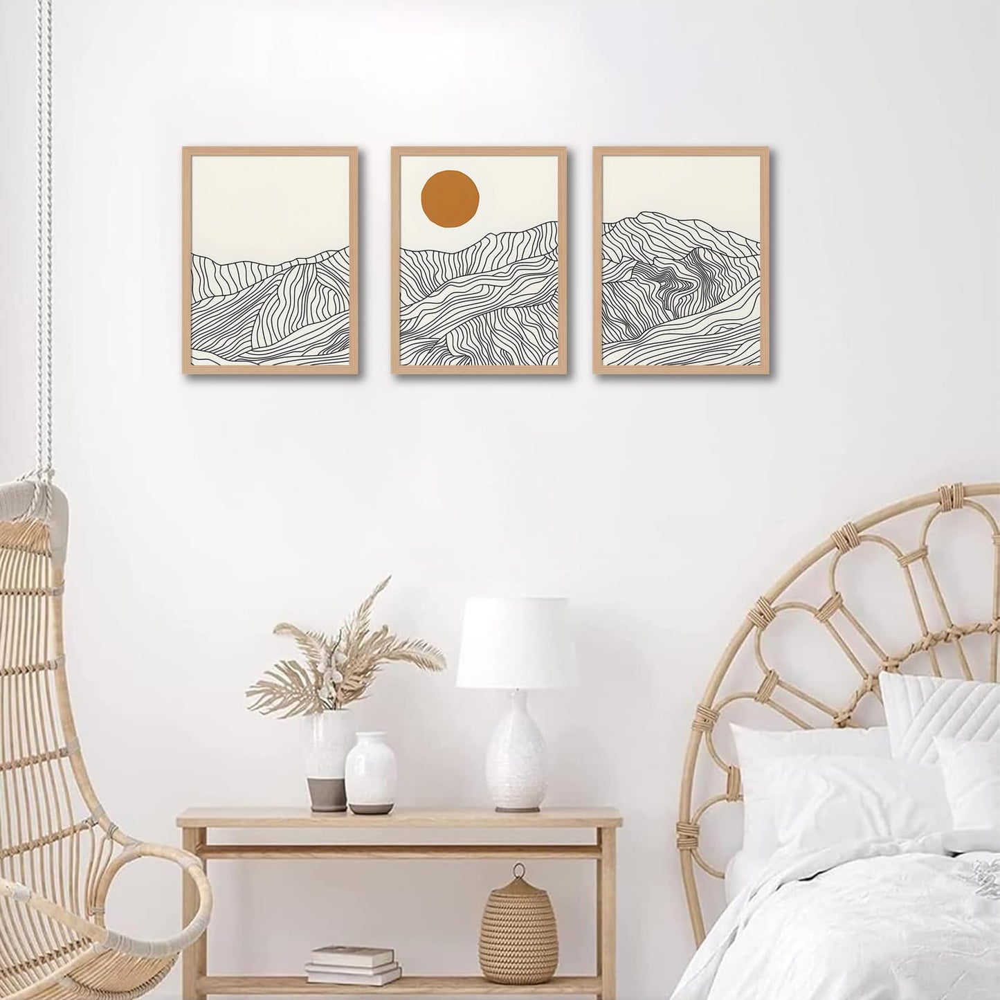 soonkiss Abstract Boho Sun Wave Line Mountain Landscape Wall Art Set of 3, Minimalist Beige Geometric Line Drawing Triptych with Light Wooden Frame for Living Room Bedroom 12x16 Inches