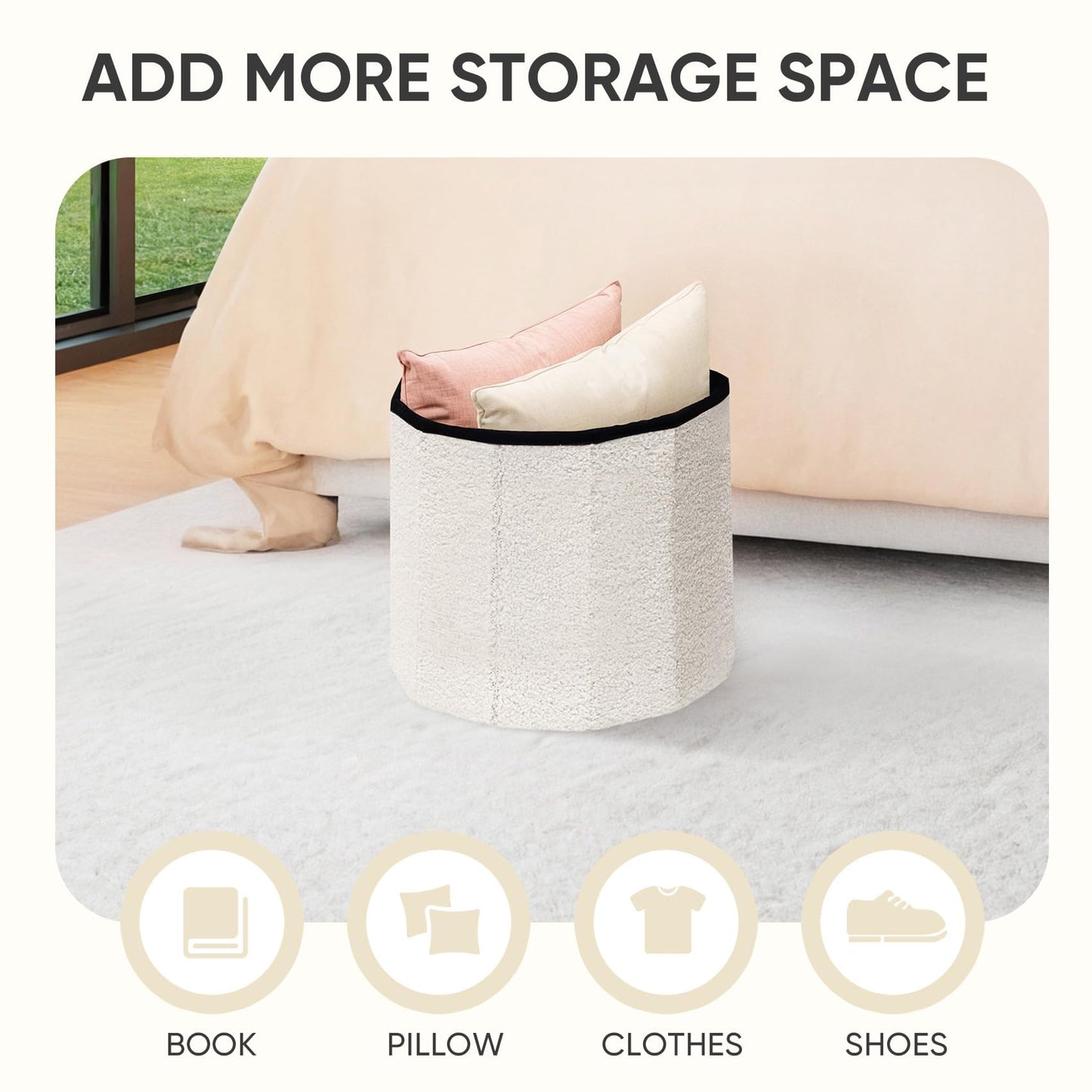PINPLUS Round Storage Ottoman Cube Footrest - Versatile Boucle & Faux Teddy Fur with Hidden Compartment for Living Room, Dorm, Bedroom White, 15"x15"x13.2"
