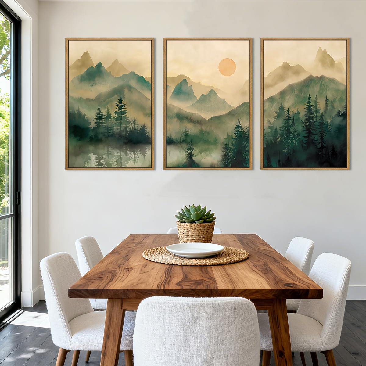 IARTTOP Large Mountain Framed Canvas Wall Art 16x24 Inch Green Foggy Forest Landscape Art Prints Set of 3 Nature woodland Landscape Wall Decor for Living Room Bedroom Office