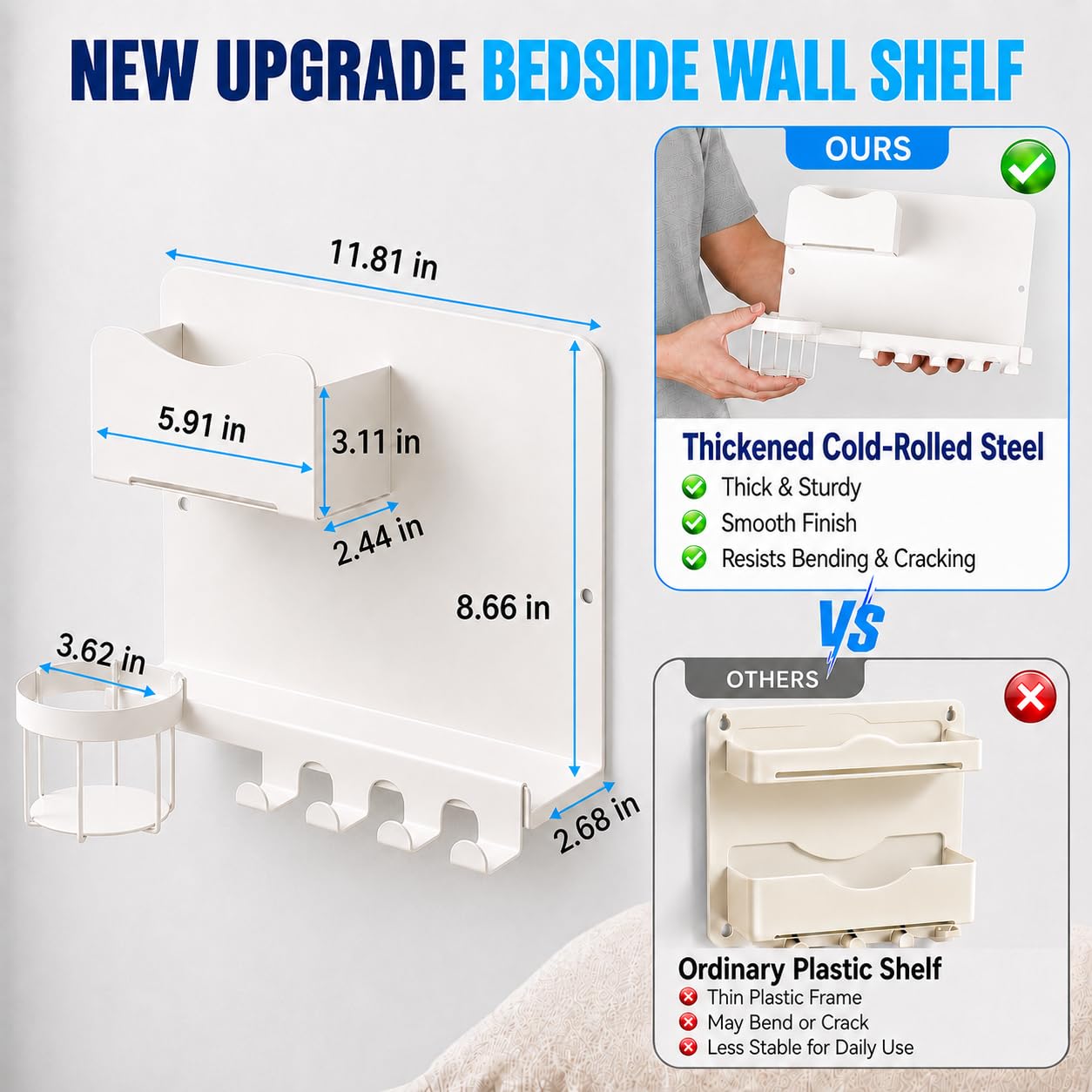 Metal Bedside Wall Shelf, Bedside Floating Shelf Wall Organizer with Detachable Cup Holder, No Drill Wall Mount for Bedroom, Dorm Room Decor, Nightstand Alternative, Bunk Bed Accessories, RV Storage