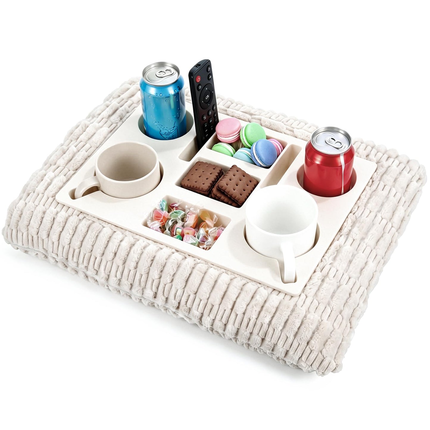 Yerliker Couch Cup Holder Tray, Foam Sofa Bed Caddy Pillow for Drink Snack Phone Remote, Silicone Lining Waterproof Anti-Spill Couch Tray for Car Seat Bed Movie Night Supplies(White)