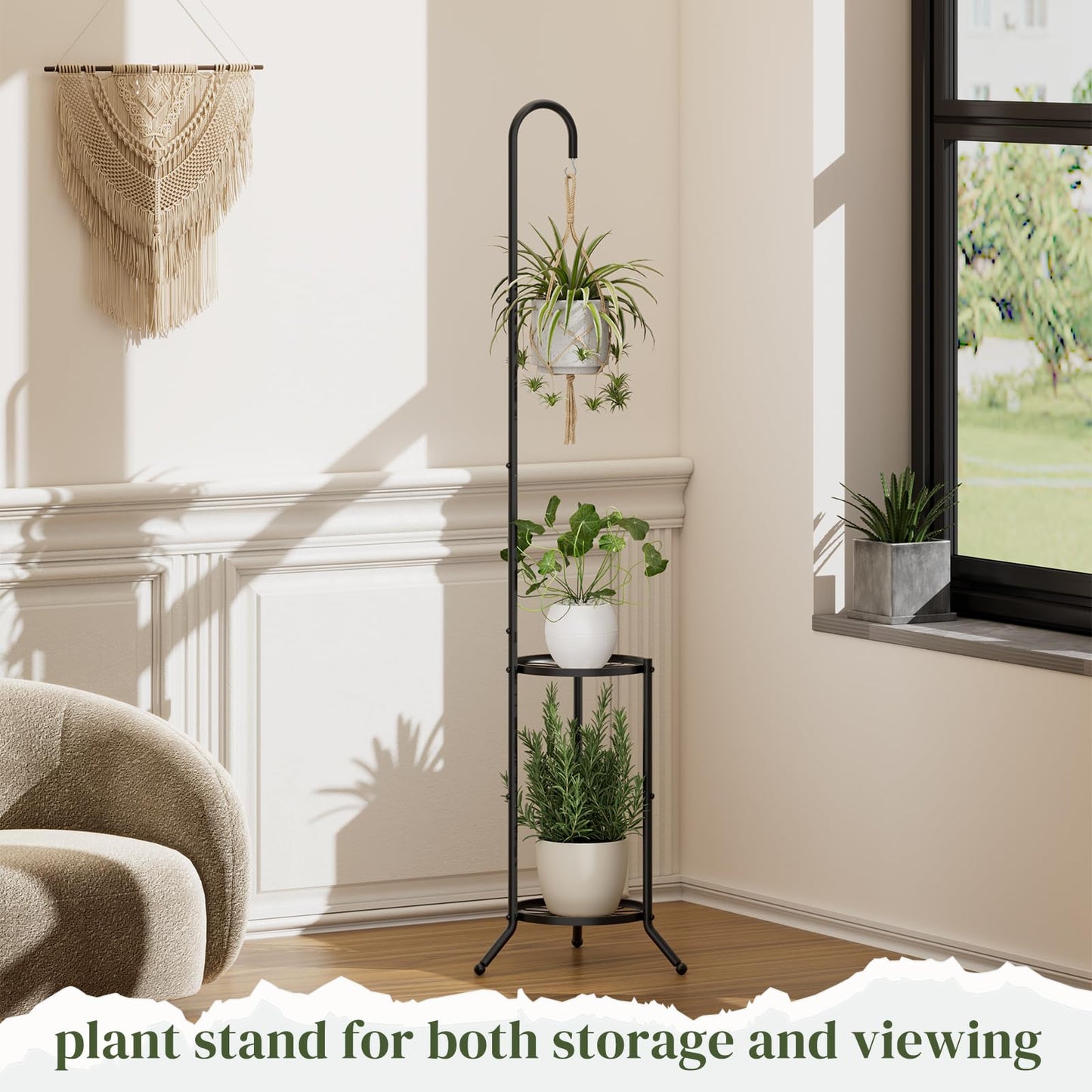 PULIJIAJU 2-Tier Metal Plant Stand with Hanging Hook, Space-Saving Iron Plant Shelf, Heavy Duty Corner Plant Stand ,Planter Holder for Bedroom Balcony Living Room Patio Garden(Hook Style)