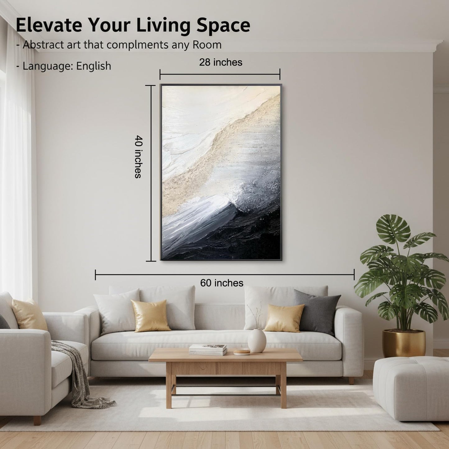 3D Textured White and Black Seascape Wall Art For Entryways, Large Framed Impasto Abstract Oil Painting for Living Room,Neutral Tone Wabi-Sabi Minimalist Wall Decor for Office/Bedroom 28x40 inches