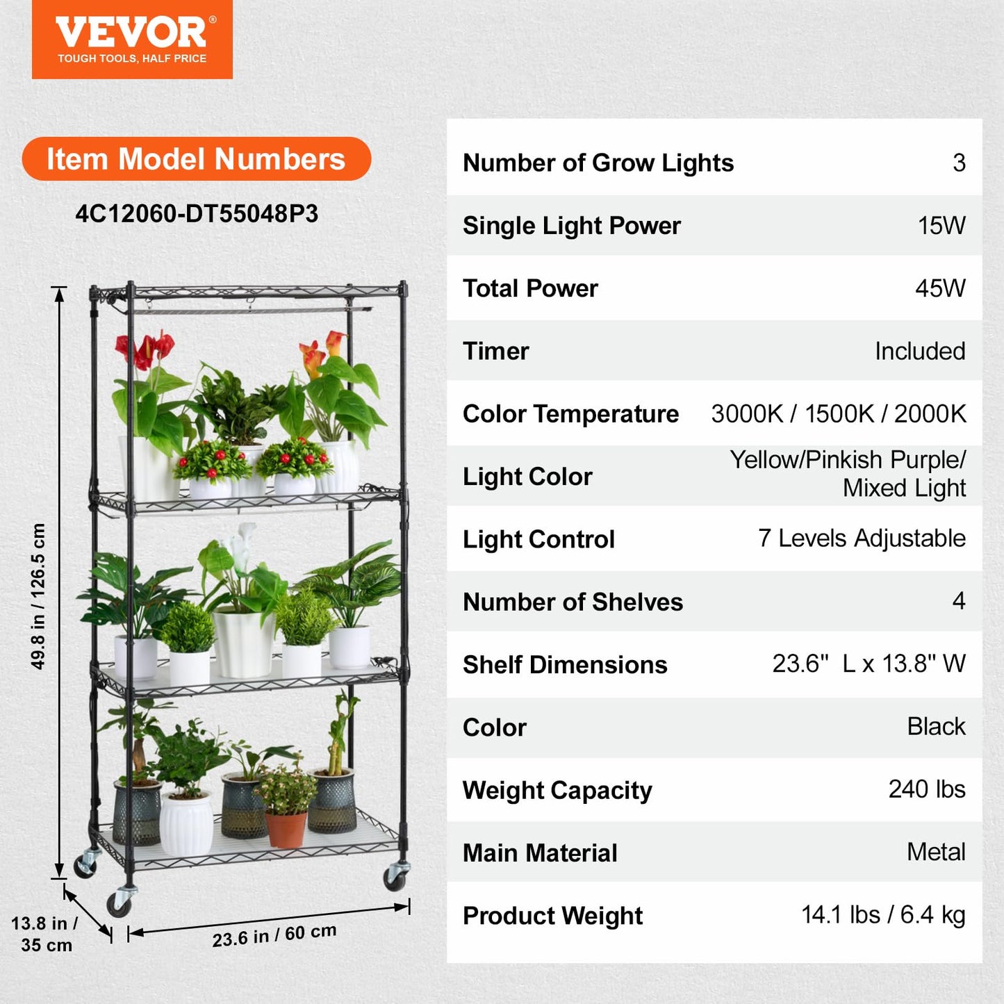 VEVOR Plant Stand with Grow Light, 4-Tier Plant Shelfwith 45W Full Spectrum LED, 3 Mode Plant Light with Timer and Wheel for Seed Starting, Metal Plant Rack for Indoor Plants