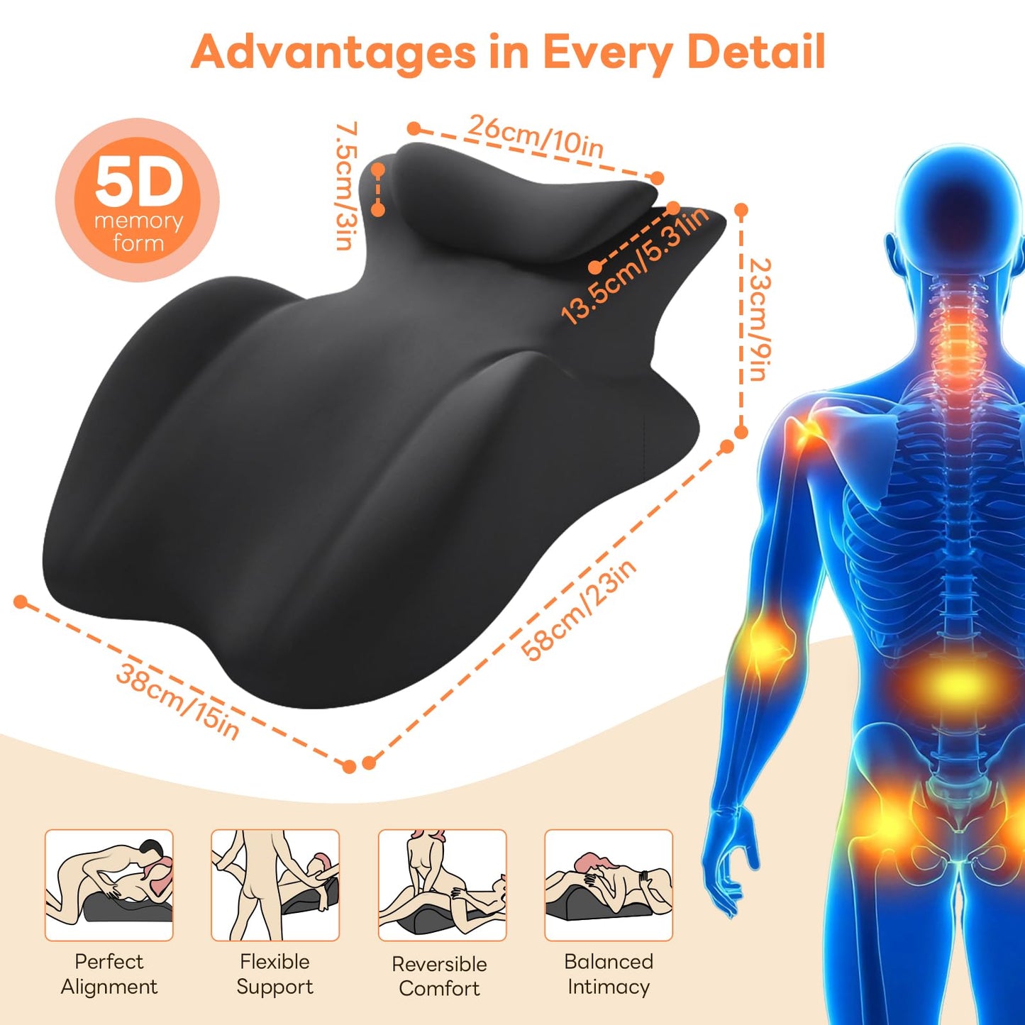 Mavnaiiz Memory Foam Wedge Pillow, 27° Angled Ergonomic Contoured Intimacy Couples Positioning Pillow for Reading, Back & Neck Support, Multi-Functional Body Support Cushion with Removable Cover