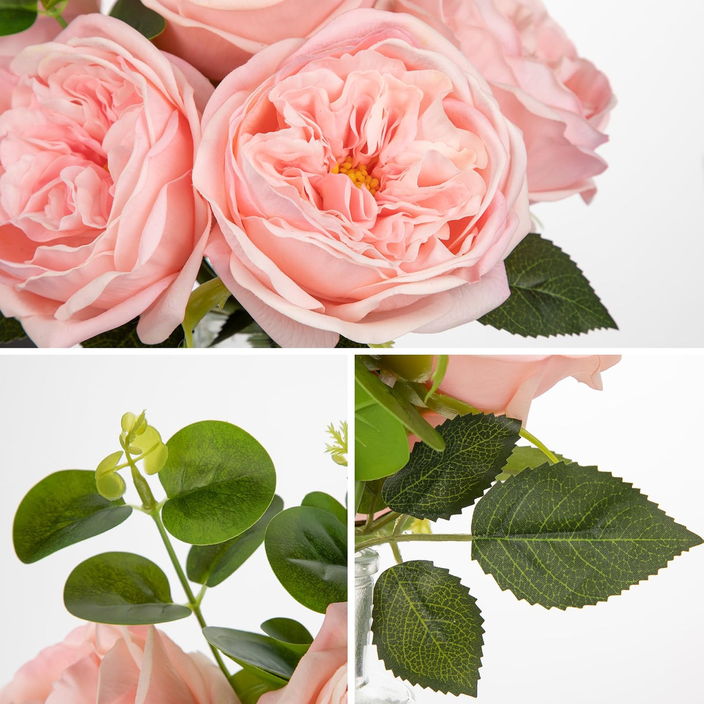 Hollyone Real Touch Peonies Artificial Flowers Arrangements in Vase Pink Fake Peonies with Glass Vase Silk David Austin Roses Faux Flowers with Faux Water Bouquet Table Floral Centerpiece Home Decor