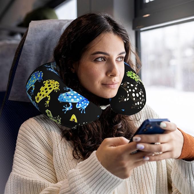 Travel Neck Pillows for Sleeping Rest Car Airplanes Tropical Frogs Black, Memory Foam with Removable Breathable Zipper Cover Washable for Men Women