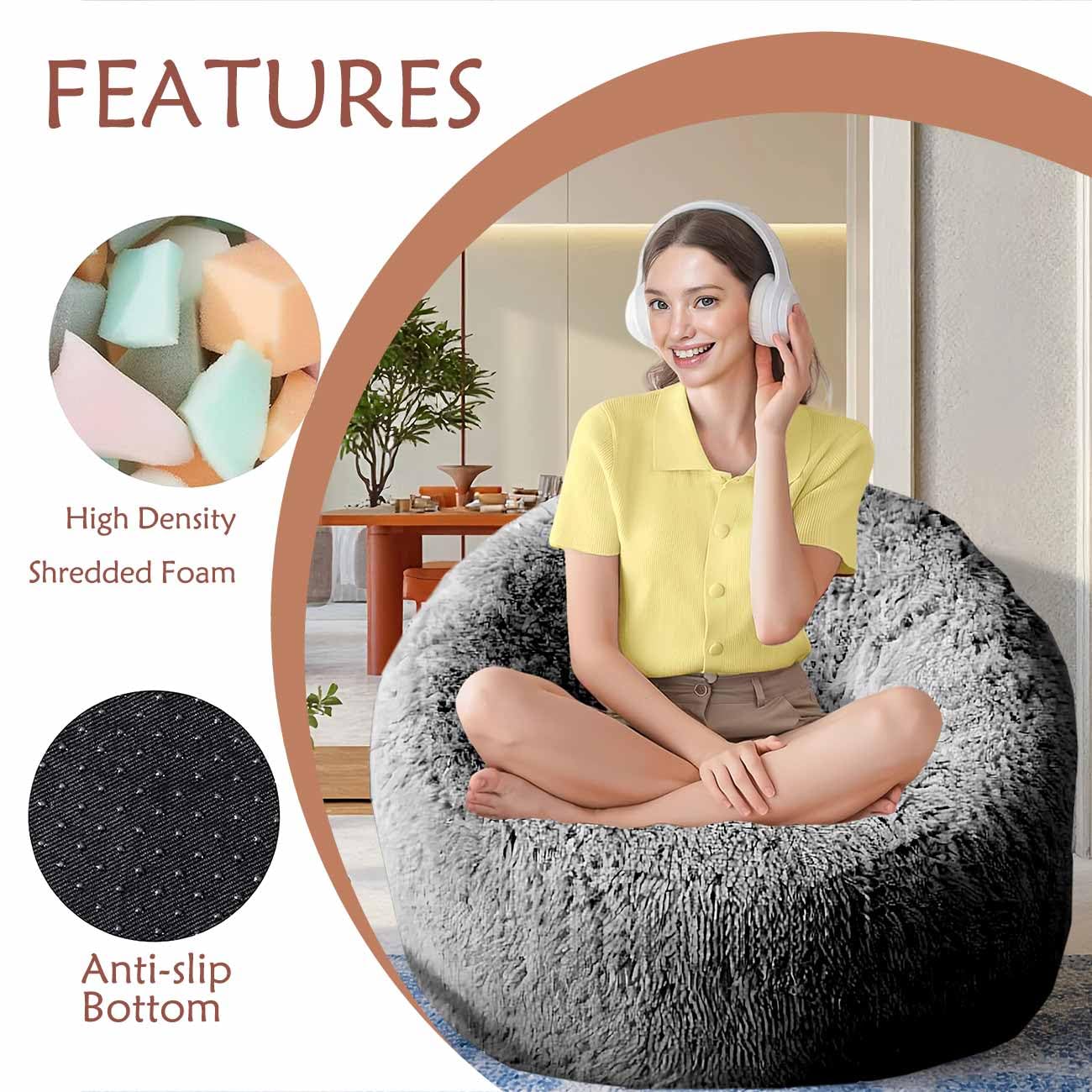 Plush Faux Fur Bean Bag Chairs, Memory Foam Filled Sofa Chair Shape Bean Bag for Adults/Teens/Kids, Ultra-Soft Lazy Sofa for Living Room Bedroom College Dorm, Black