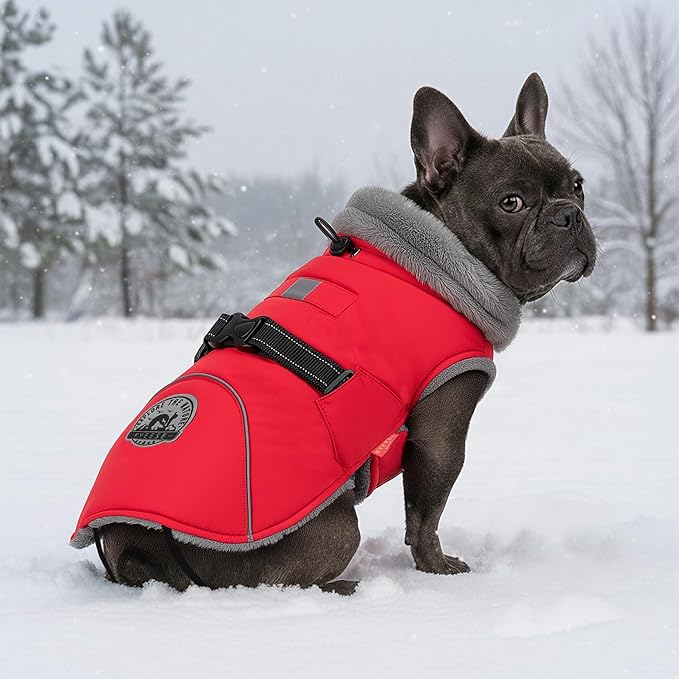KYEESE Waterproof Dog Coat, Windproof Winter Jacket with Thick Fleece Lining, Extra Warm Turtleneck Dog Coats for Medium Dogs with Leash Hole and Reflective Design, Red, X-Large