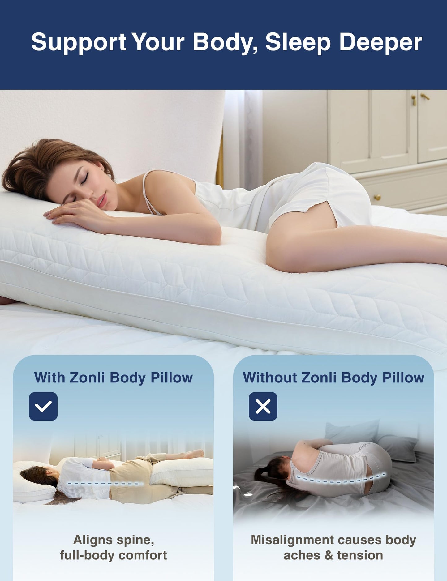 ZonLi Long Body Pillow for Adults, Firm Body Pillow with Adjustable Shredded Memory Foam, Soft Support for Side Sleepers, Pregnant Women, Washable Quilted, 20 x 54 Inch, White