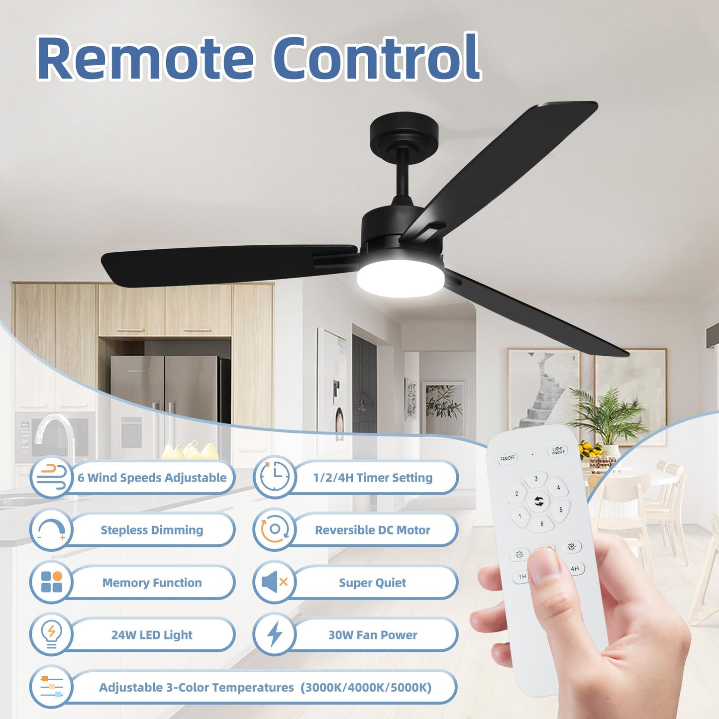 hykolity 52 Inch Ceiling Fan with Light and Remote Control, 3CCT Dimmable LED Light, Downrod & Flush Mount, Quiet DC Motor, Modern Black Ceiling Fans for Bedroom Living Room Indoor