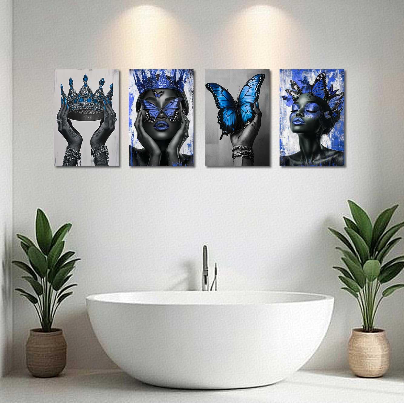 BJYCHG 4Pcs African American Canvas Wall Art Black Woman with Butterfly Painting Prints Black Queen Crown Poster Inspirational Pictures Fashion Girl Bedroom Room Decor (Blue, (8x12inx4 Pieces))