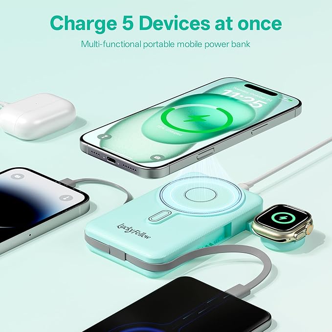 Magnetic Portable Charger Built-in Cables,10000mAh Fast Charging Wireless Charger Station External Battery Pack Slim Pocket Size Power Bank with Stand Compatible with iWatch, iPhone and Android Phones