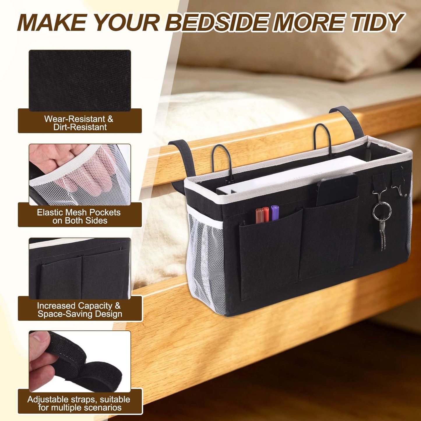 uxcell 2Pcs Bedside Caddy, 3 Pockets Bedside Storage Organizer with Strap and Hooks, Hanging Storage Bag with Water Cup Holders for Home Bunk Bed Dorm, Gray