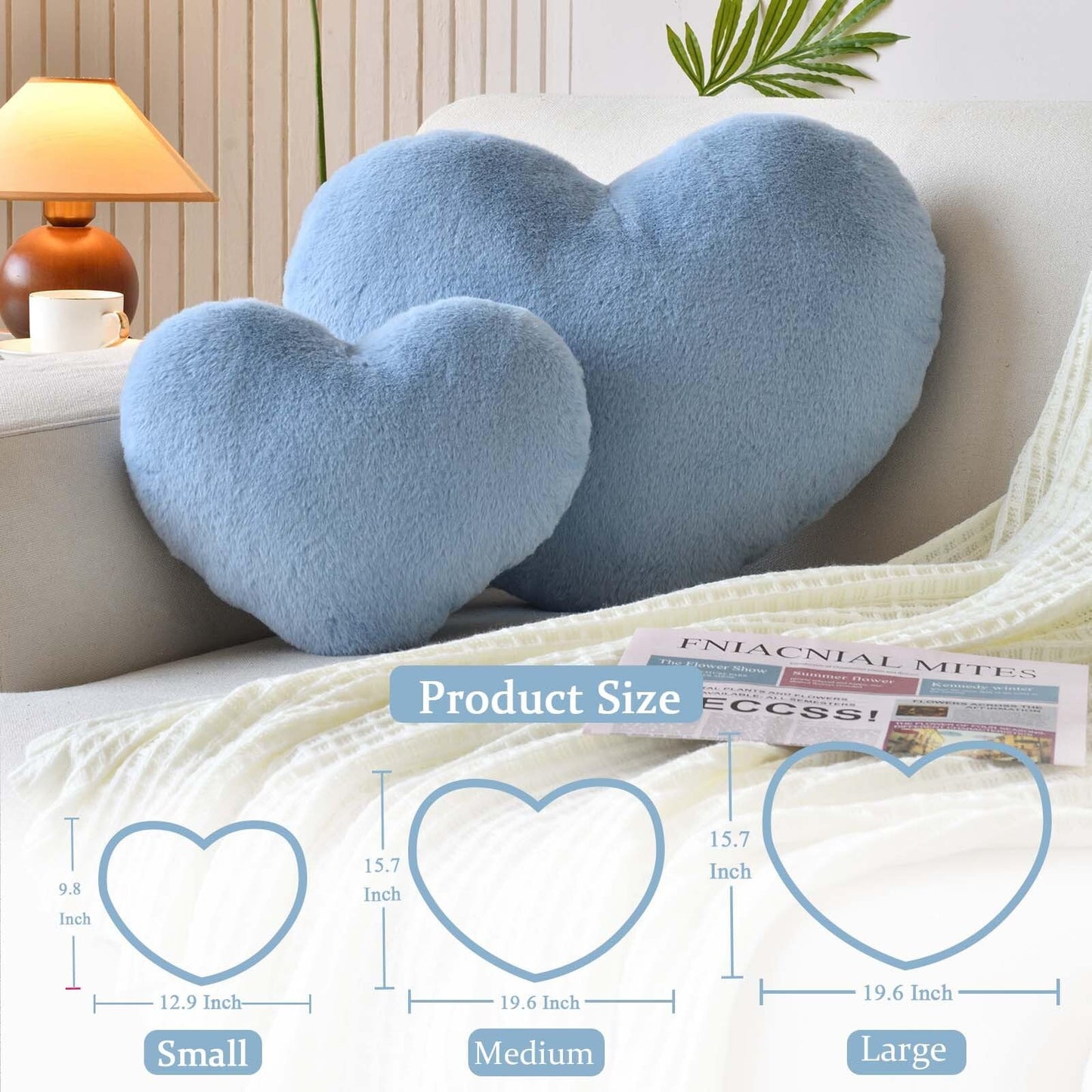 XVTRU Dusty Blue Heart Pillows, Cute Heart Decorative Pillow, Heart Shaped Throw Pillows for Bed, Faux Rabbit Fur Plush Hoom Decor Pillow Cushion for Chair Sofa Living Room (Medium-15.7"x11.8")