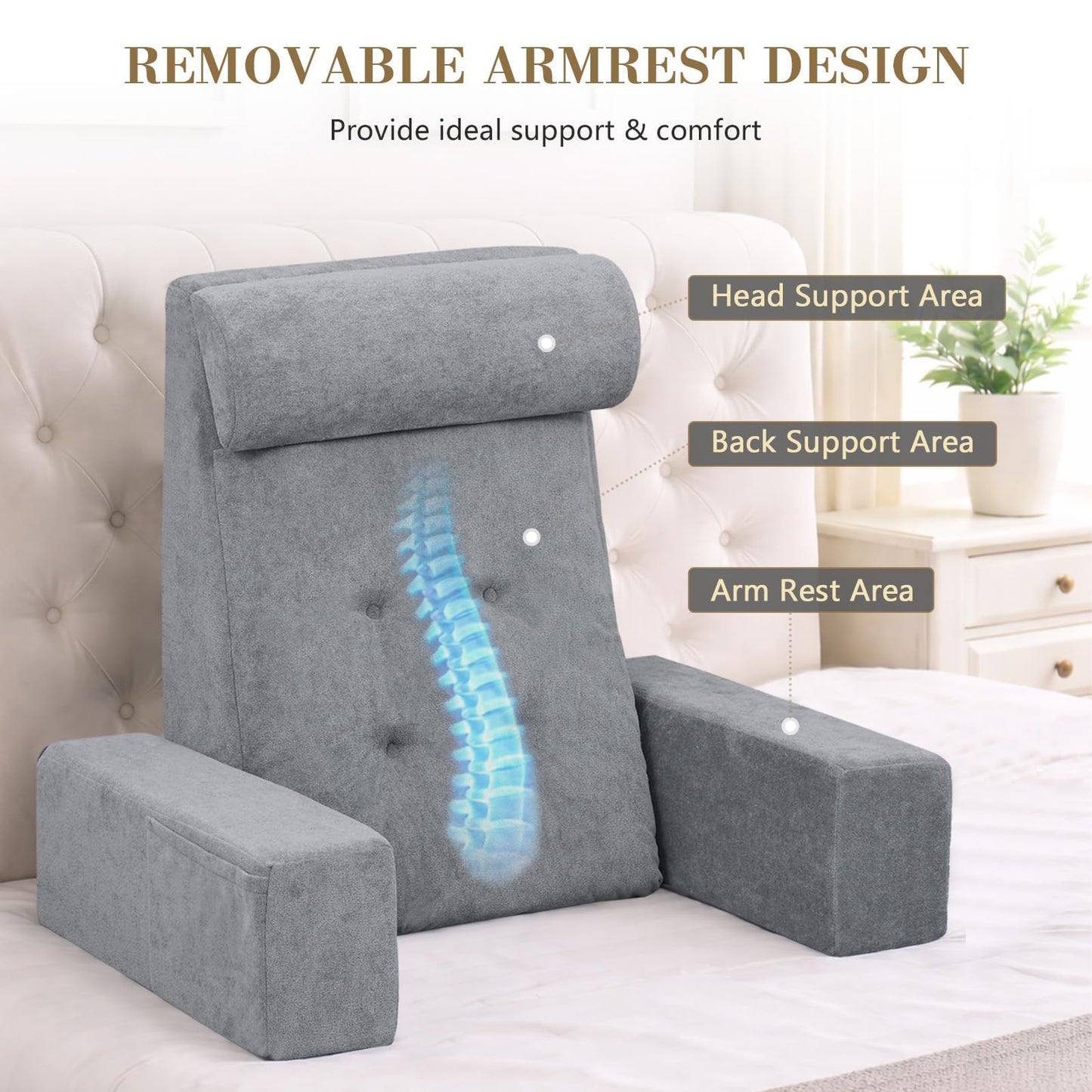 TANYOO Reading Pillow for Sitting Up in Bed Backrest Pillow with Armrests, Headrest and Side Pockets Dual Layer Back Support for Bed and Sofa Ideal for Adults Watching TV, Gaming, Recovery Dark Grey