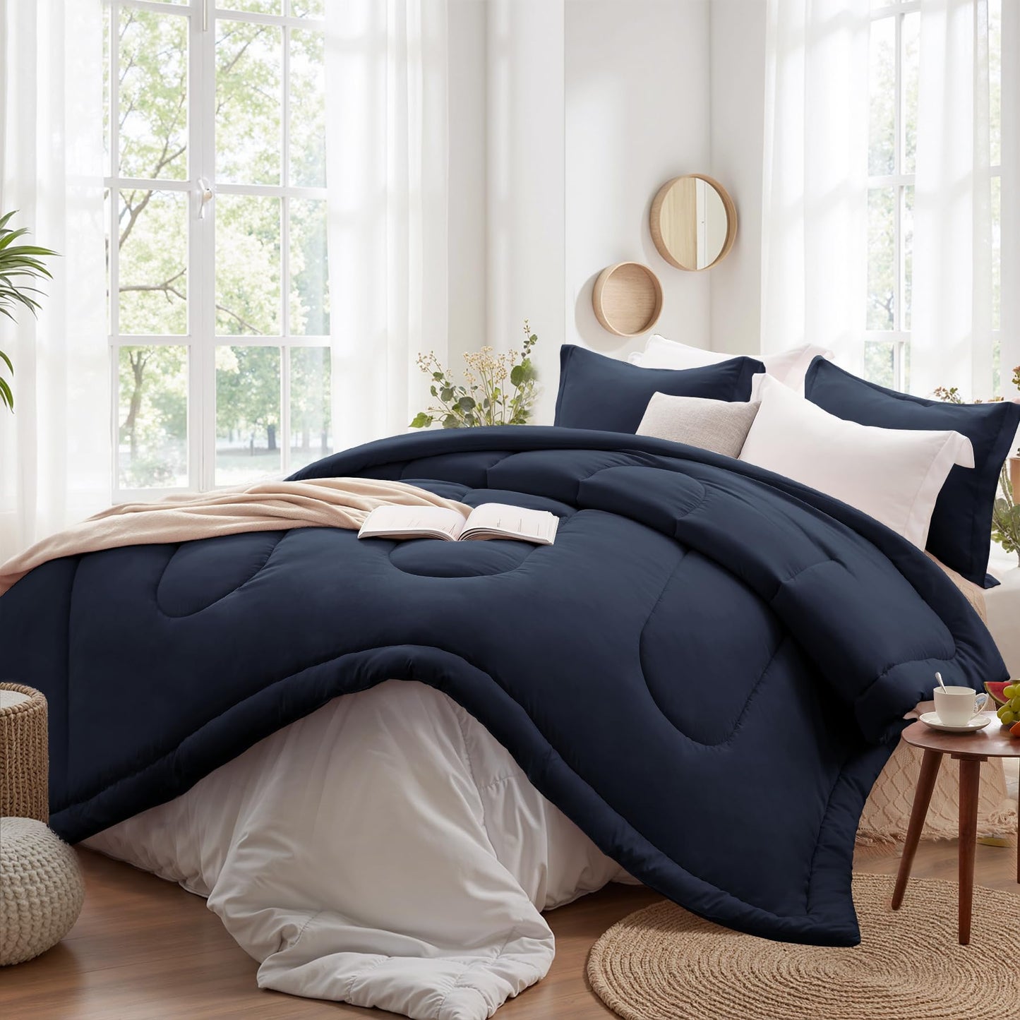 SunStyle Home Queen Comforter Set - 3 Pieces Reversible Comforters Queen Size, Lightweight Bedding Sets with 1 Down Alternative Comforter and 2 Pillow Shams for All Seasons,Navy Blue