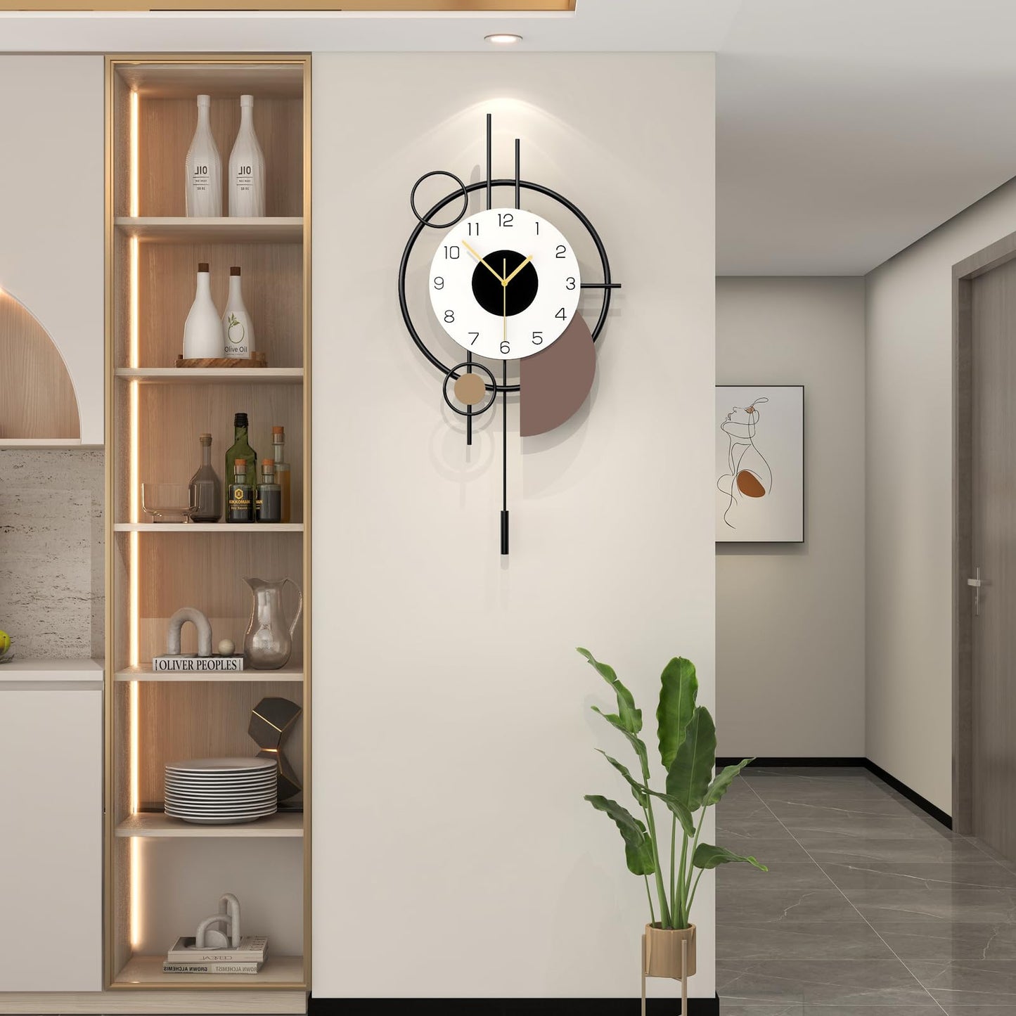 JUJUDA Large Modern Wall Clock for Living Room Decor Big Decorative Silent Wall Clock with Pendulum 14 Inch Black Metal Qulity Quartz Clock Battery Operated Non Ticking for Kitchen Office Bedroom