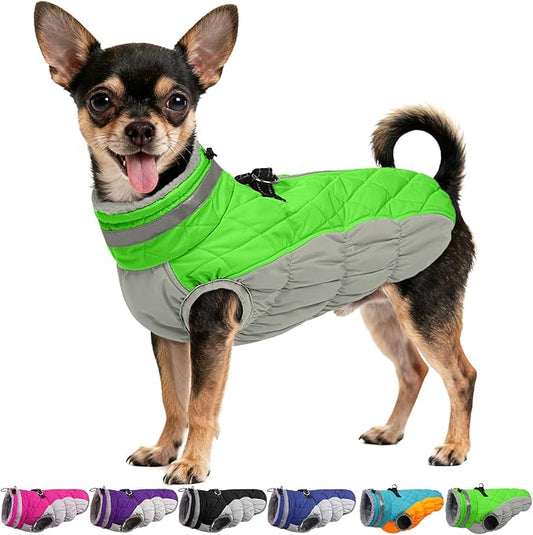 OUOBOB Warm Dog Coats for Small Dogs, Puppy Jacket, Waterproof Dog Jacket with Harness Built in, Zipper Clousure, Fleece Lining for Cold Weather, Small Puppy Clothes for Chihuahua, Maltese - XS