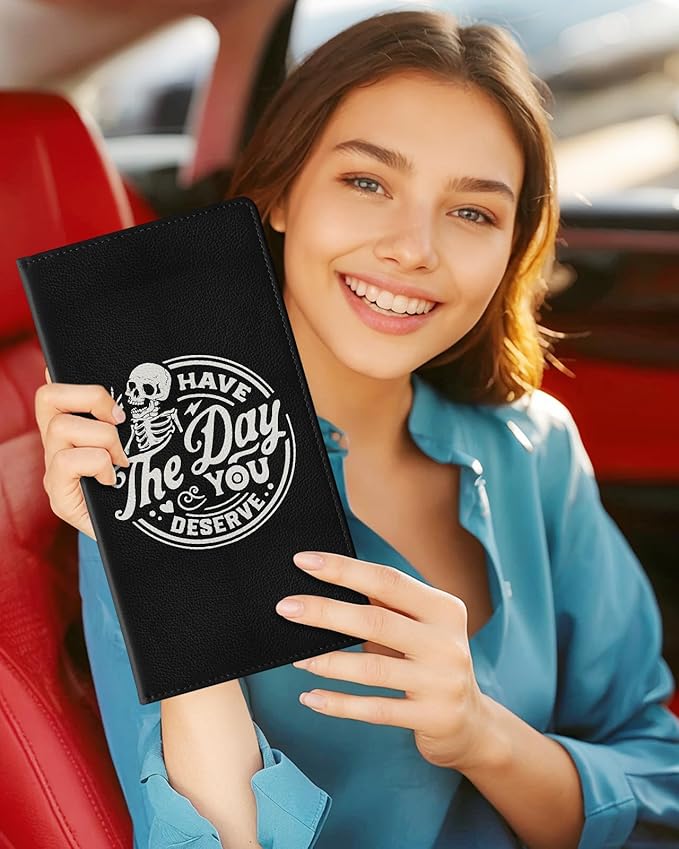 Slohif Car Registration and Insurance Card Holder - Skeleton Vehicle Glove Box Organizer Women with Magnetic Shut Leather Automobile License Holders Coasters Auto Accessories Case for Document