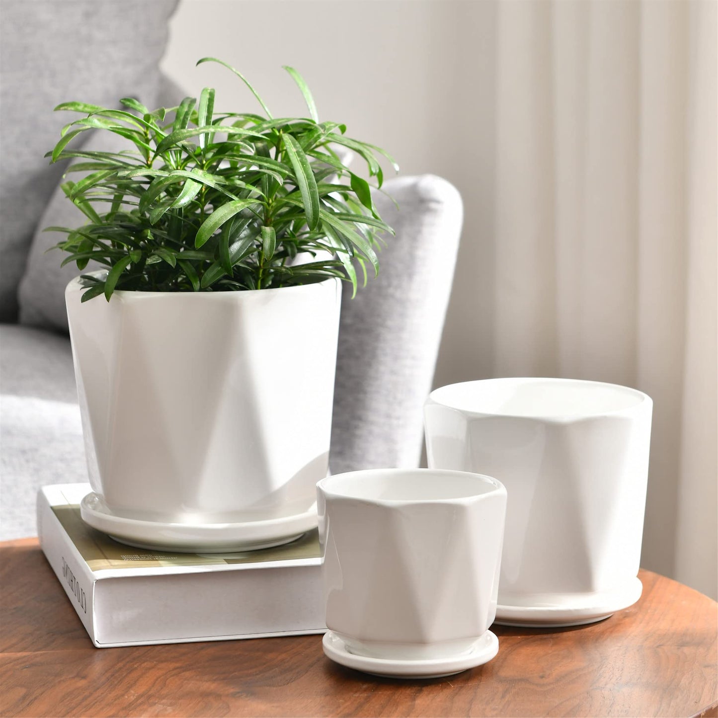 White Ceramic Planter Set of 3 with Drainage and Saucer, Indoor Plant Pots