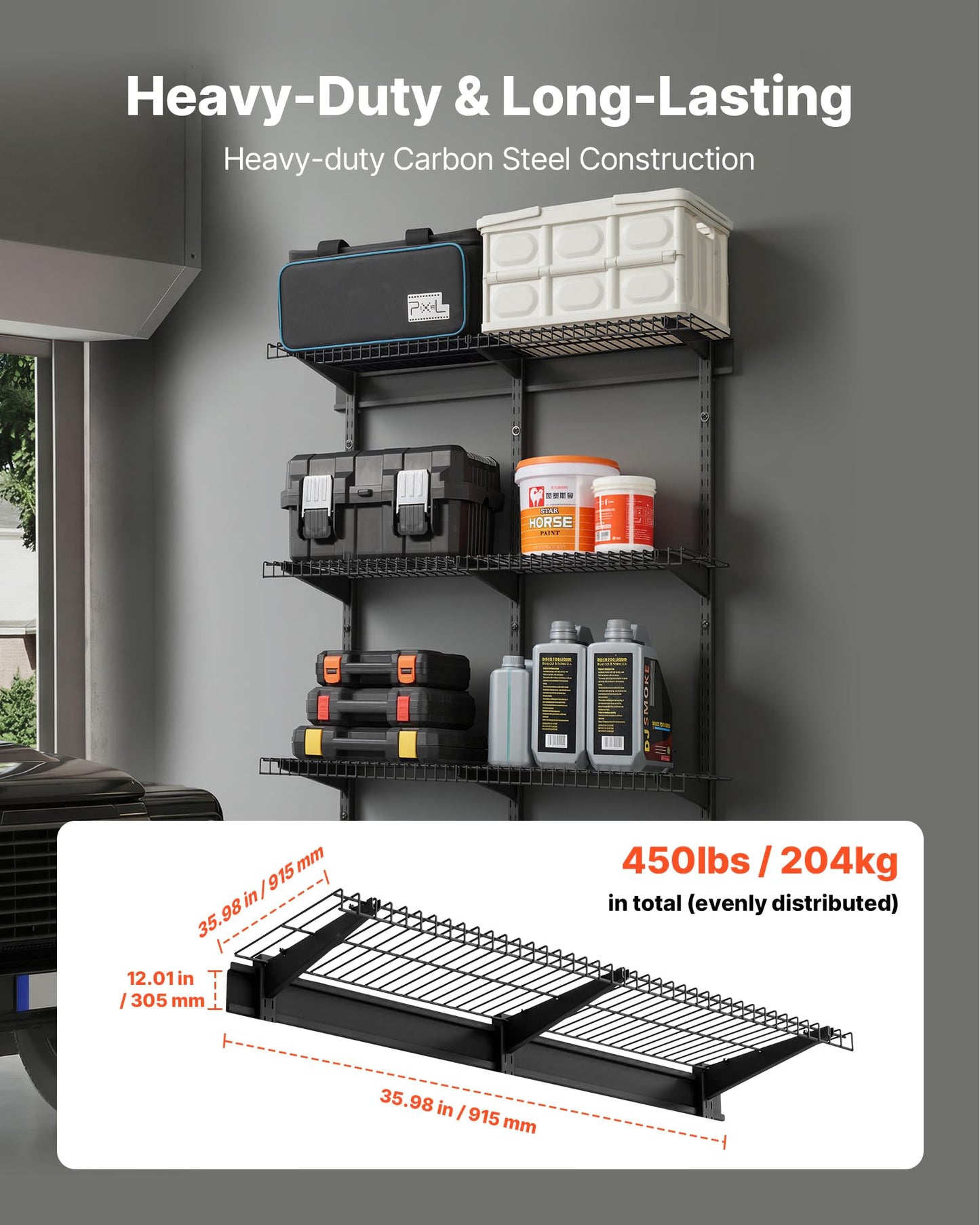VEVOR 3-Tier Heavy Duty Wall Garage Shelving, 1 x 3 ft Steel Wall Mounted Shelving Unit, 11 x 36 Inch Per Shelf Floating Storage Metal Rack for Garage with 450 lbs Total Weight Capacity, Black