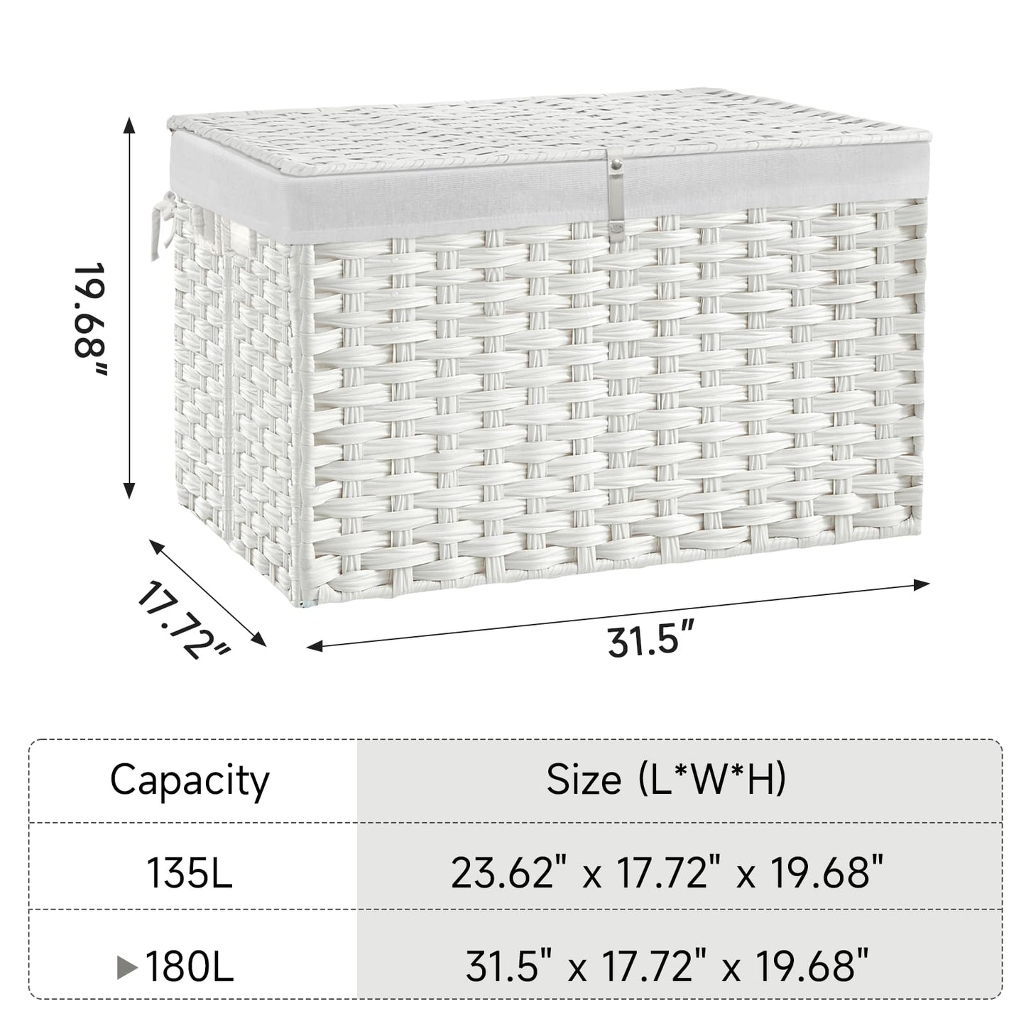 180L Wicker Storage Basket with Lid, Handwoven Rattan Large Shelf Basket with Removable Liner, 47.6 Gallon Wicker Basket for Blanket, Storage Trunk with Handle for Closet, Bedroom, Livingroom, White