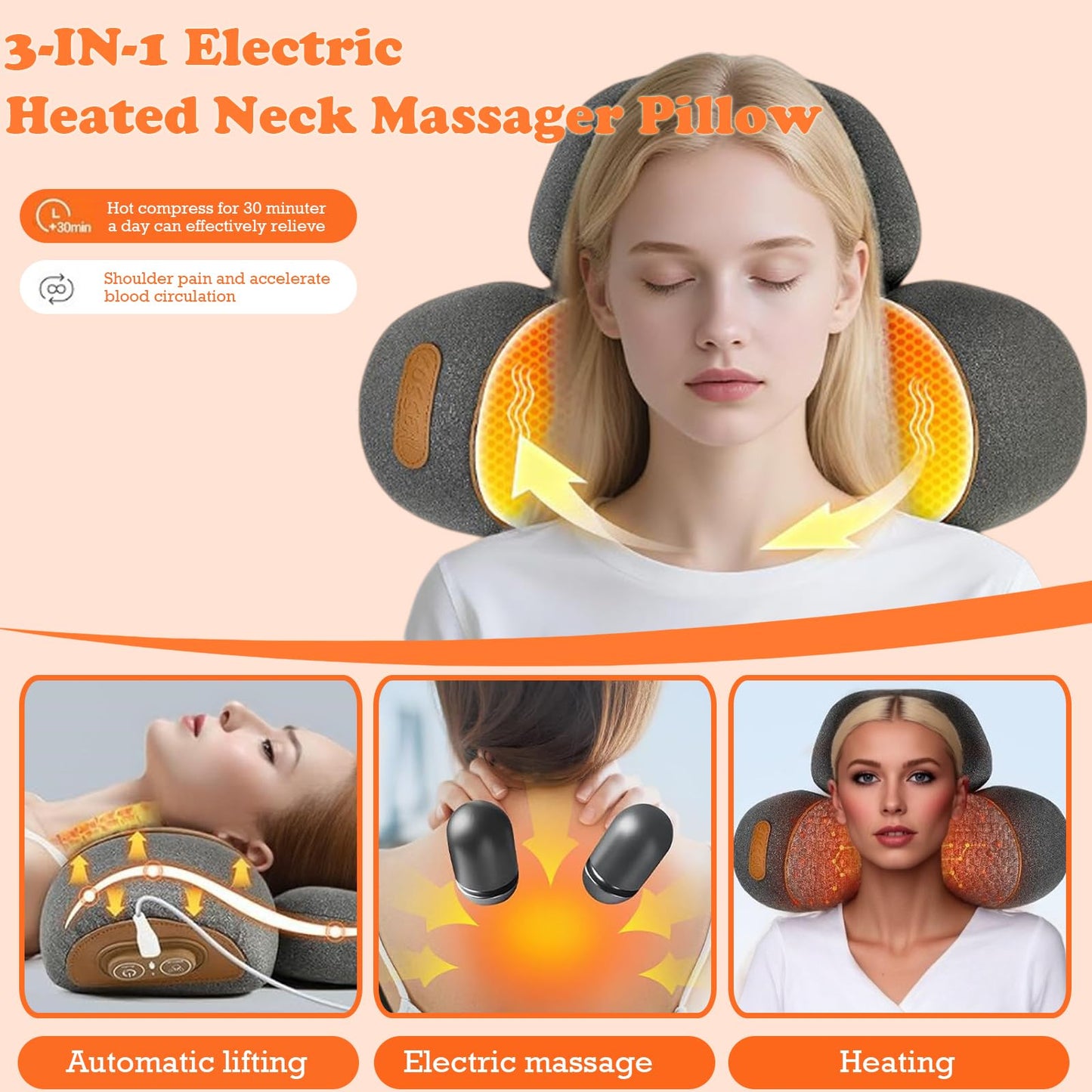 ALIALAVESTA Neck Massage Pillow, 3-in-1 Neck Massager, Traction Massage with Heat, Neck Pillow for Shoulder Pain, Ergonomic Pillow Design for Daily Comfort at Home or Office(Gray)