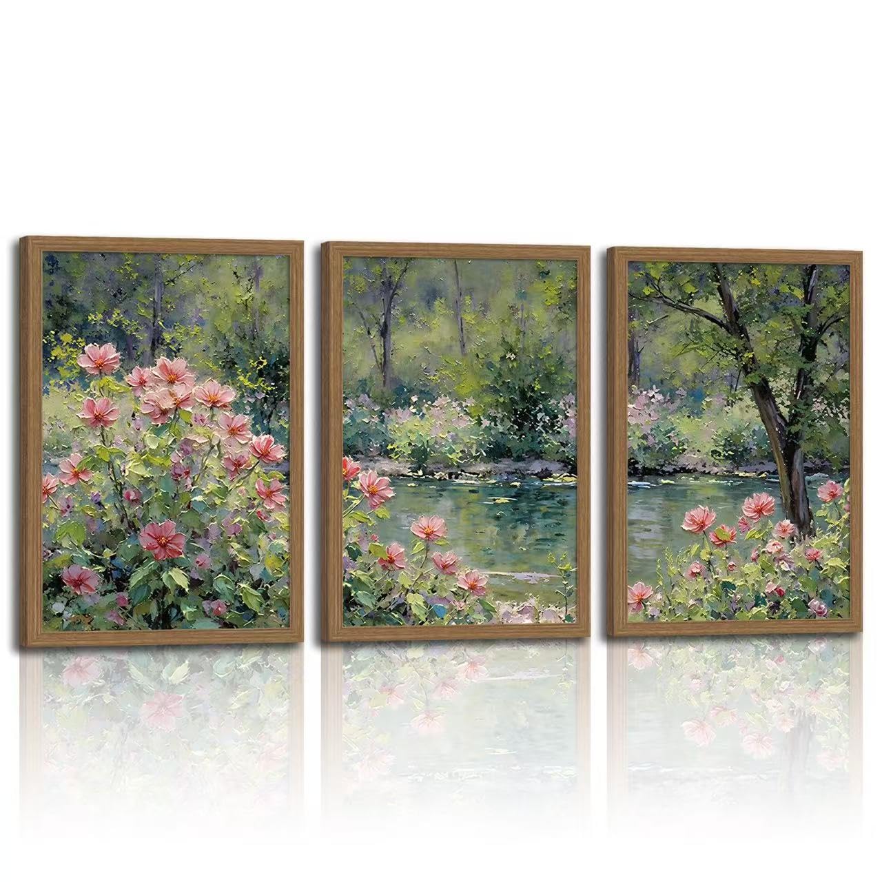 3pcsmonet Framed Wall Art,Retro Floral Gardencanvas Painting, Pink Flowers By Lake Painting, Nature Poster Wall Decor For Living Room Bedroom Office, Ready To Hang 12x16in