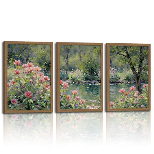 3pcsmonet Framed Wall Art,Retro Floral Gardencanvas Painting, Pink Flowers By Lake Painting, Nature Poster Wall Decor For Living Room Bedroom Office, Ready To Hang 12x16in