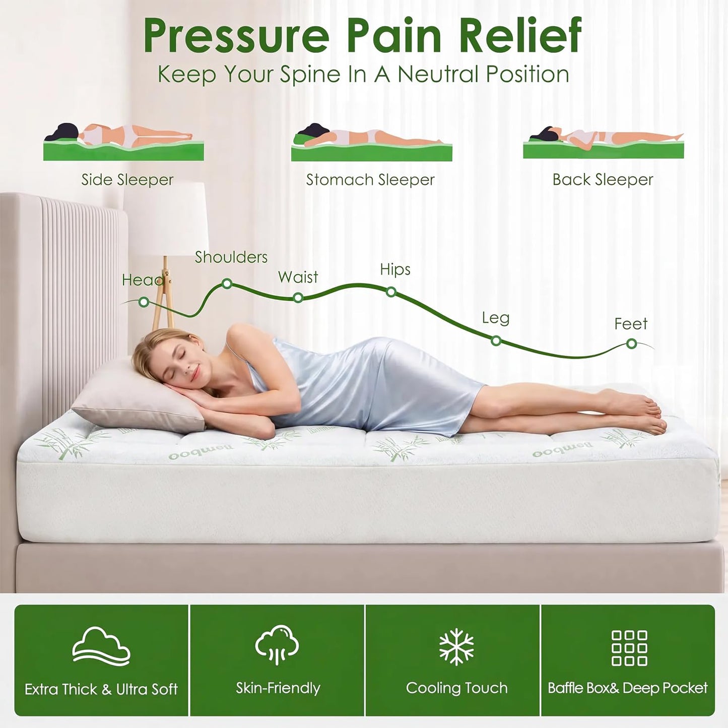 Full Mattress Topper Viscose Derived from Bamboo, Cooling Thick Pillow Top Mattress Pad with Deep Pocket for 8"-21" Mattress, Soft Breathable Mattress Topper for Back Pain Relief, Green