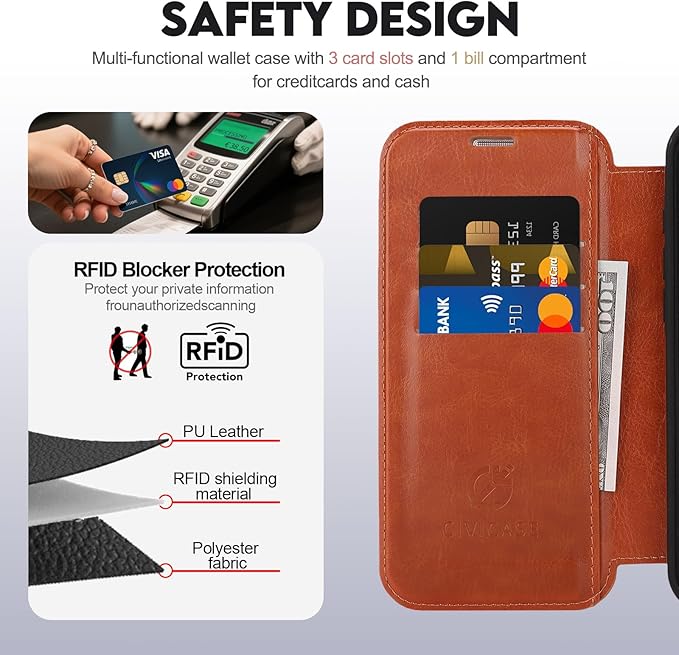 CIVICASE for iPhone 16 Pro Wallet Case with Stand,PU Leather Flip Credit Card Holder Slots (RFID Blocking),Compatible with Magsafe Magnetic Holder Phone Cover Women Men,Brown