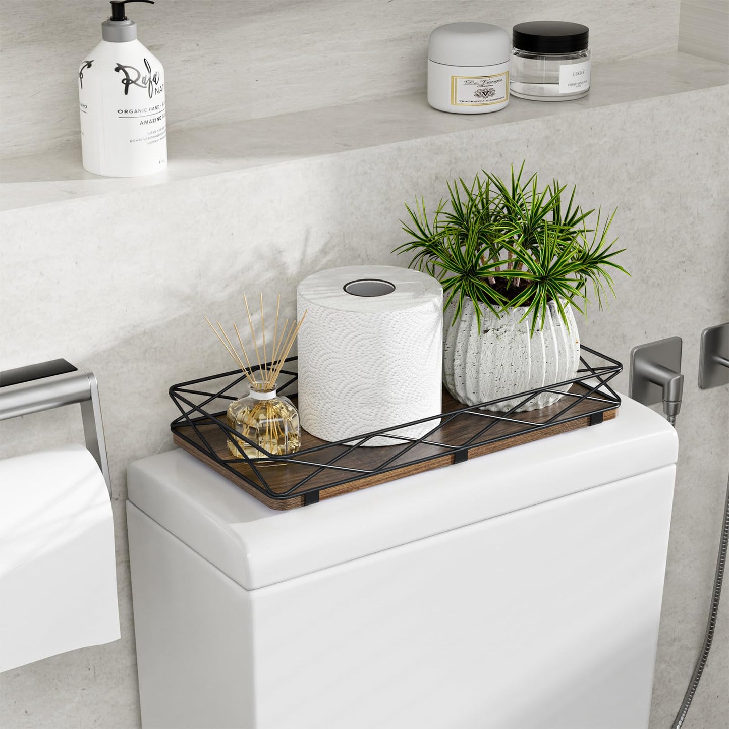 Lixple Toilet Paper Basket Holder, 13" Toilet Tank Tray, Wood and Metal Toilet Tray Vanity Organizer Bathroom Tray, Kitchen Sink Organizer for Soap Dispenser (Brown+Black)