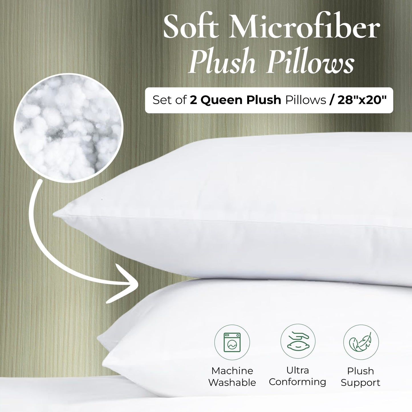 Fern and Willow Queen Size Bed Pillows - Set of 2, 28"x20" - Luxurious Ultra-Soft Cooling Pillow - Hotel Quality, Down Alternative Fill - Ideal for Side, Back & Stomach Sleepers