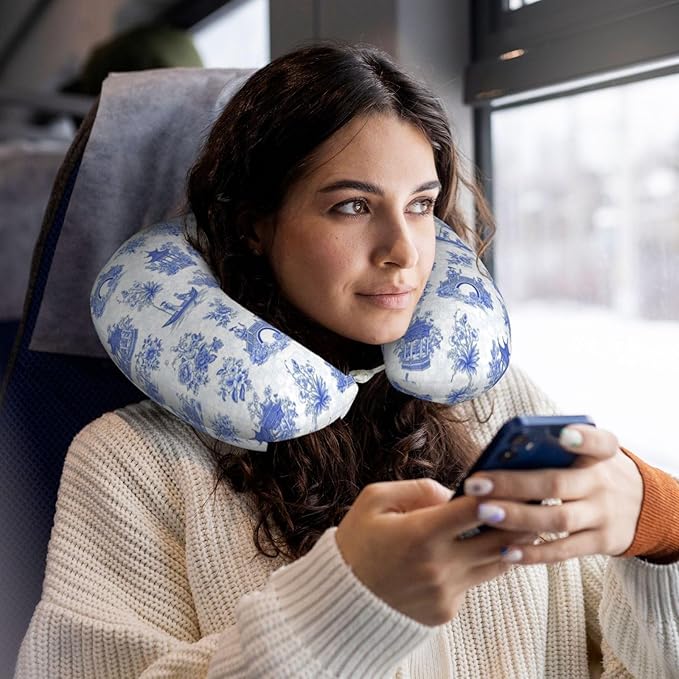 Travel Neck Pillows for Sleeping Rest Car Airplanes Chinese Style Powder Blue Chinoiserie Toile, Memory Foam with Removable Breathable Zipper Cover Washable for Men Women
