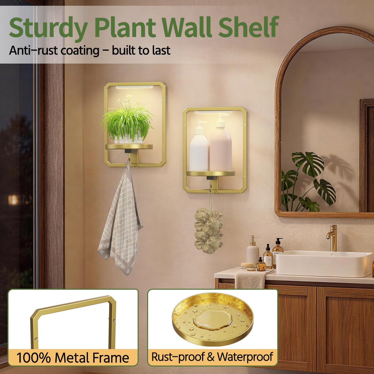 LASZOLA Plant Picture Frame Holder Wall Mount Indoor Window with 2 Grow Light, 2 Pack Modern Floating Flower Stand Shelf with Hooks, Metal Hanger Display Decor for Living Room, Gold