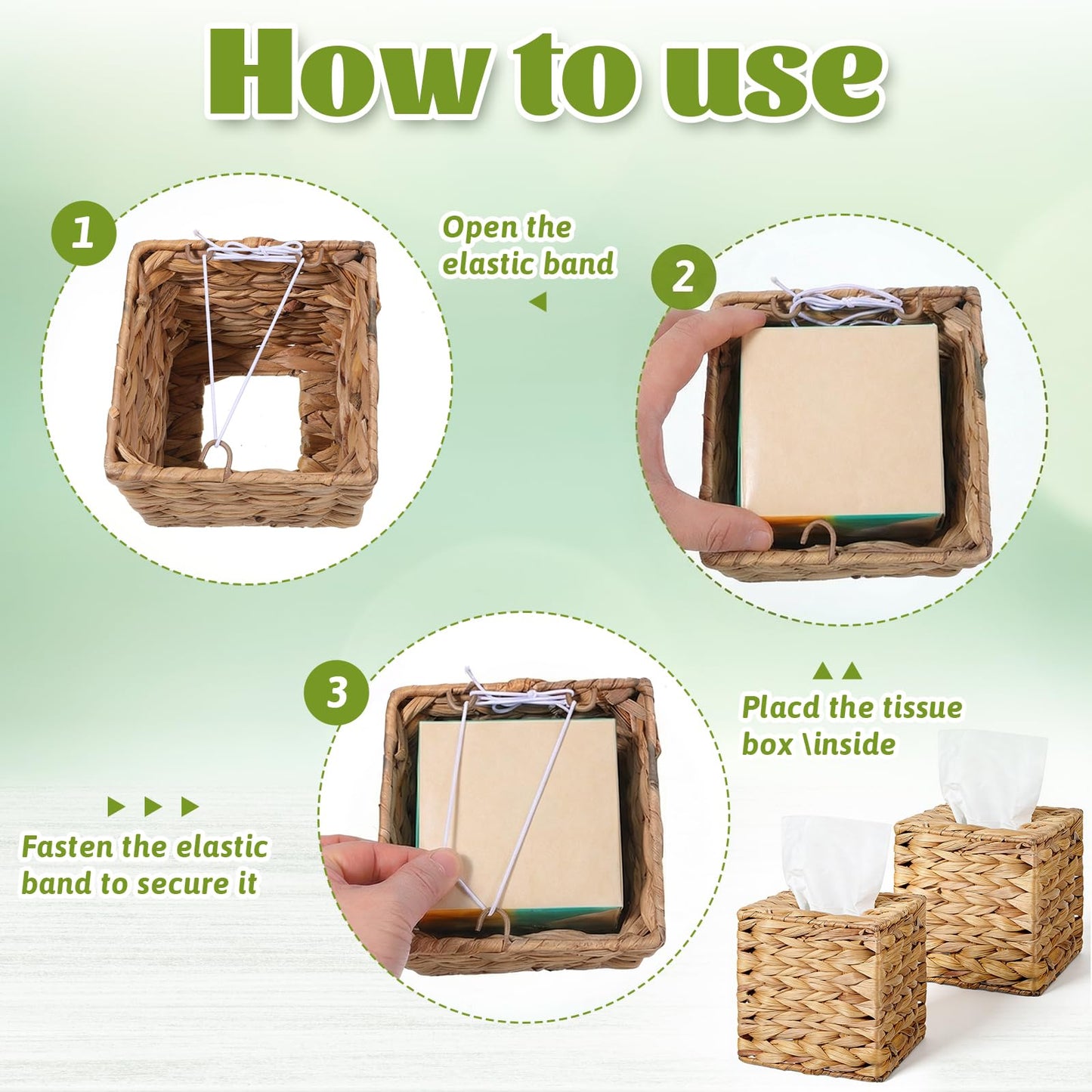 2 Pack Water Hyacinth Tissue Box Holder, Hand Woven Square Tissue Box Cover, Natural Handmade Napkin Boxes Holder, Rustic Decorative Tissues Cover for Table, Bathroom, 5.9 inch
