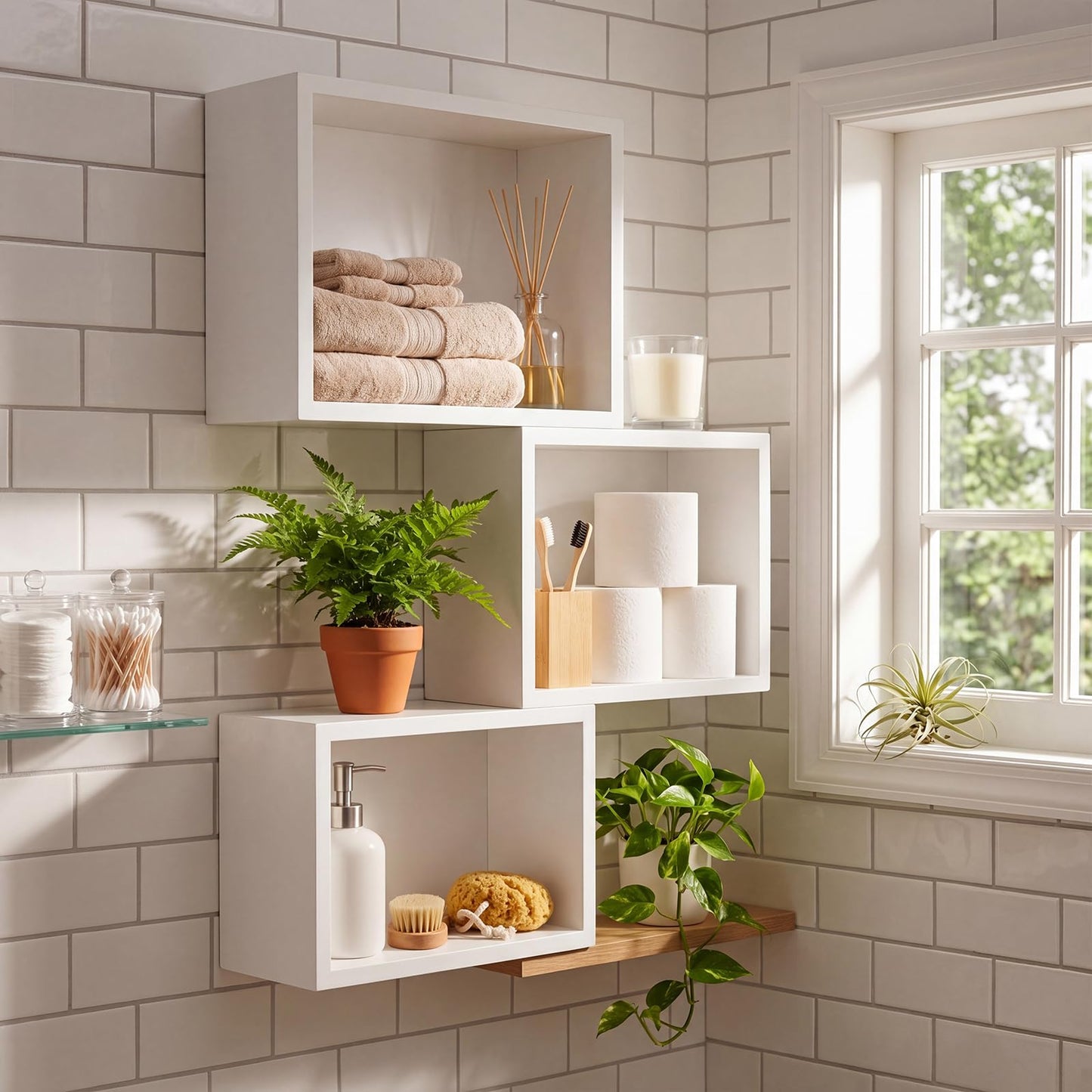 Novabright White 3 Set Floating Cube Shelves Wall Mounted Rustic Wood Square Storage Box Shelves Hanging Storage for Bathroom Decor Farmhouse Wall Toilet Living Room Kitchen Bedroom Organizer