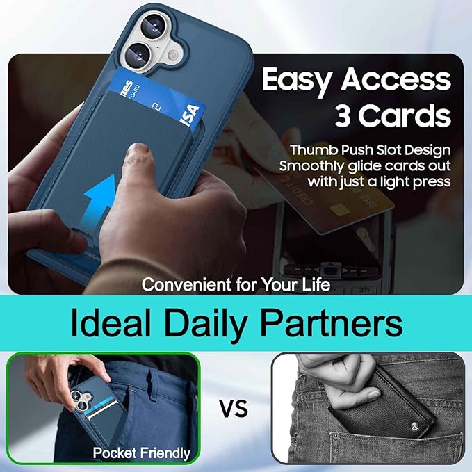 Ntwinro Magnetic for iPhone 17 Case (Compatible with MagSafe) with Detachable Wallet & Card Holder for 3 Cards [RFID Blocking] Military Grade Protective Slim Phone Cover, Deep Blue