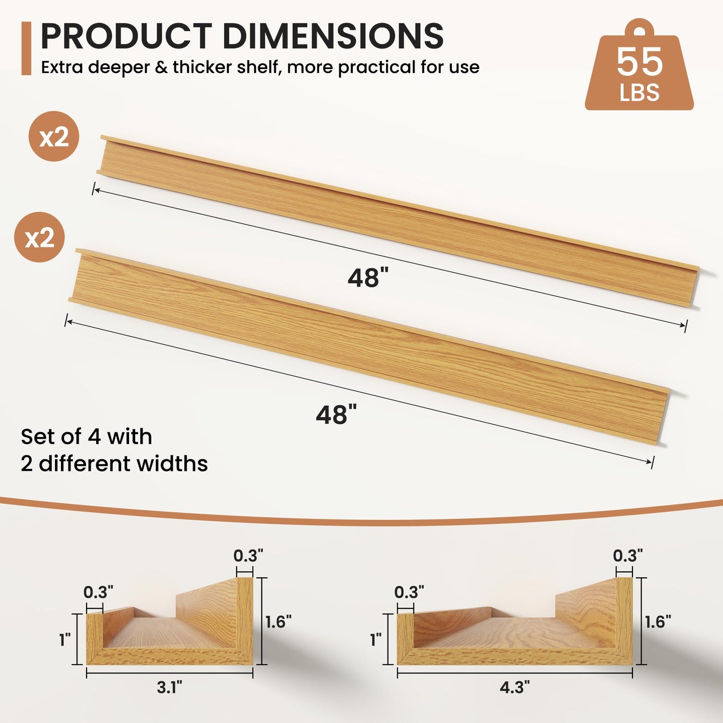 Fun Memories Picture Ledge Shelves Set of 4, 48 Inch Rustic Wall Mounted Floating Shelves with Lip for Home Storage and Décor in Bathroom, Kitchen, Nursery, Bedroom, Living Room, Oak