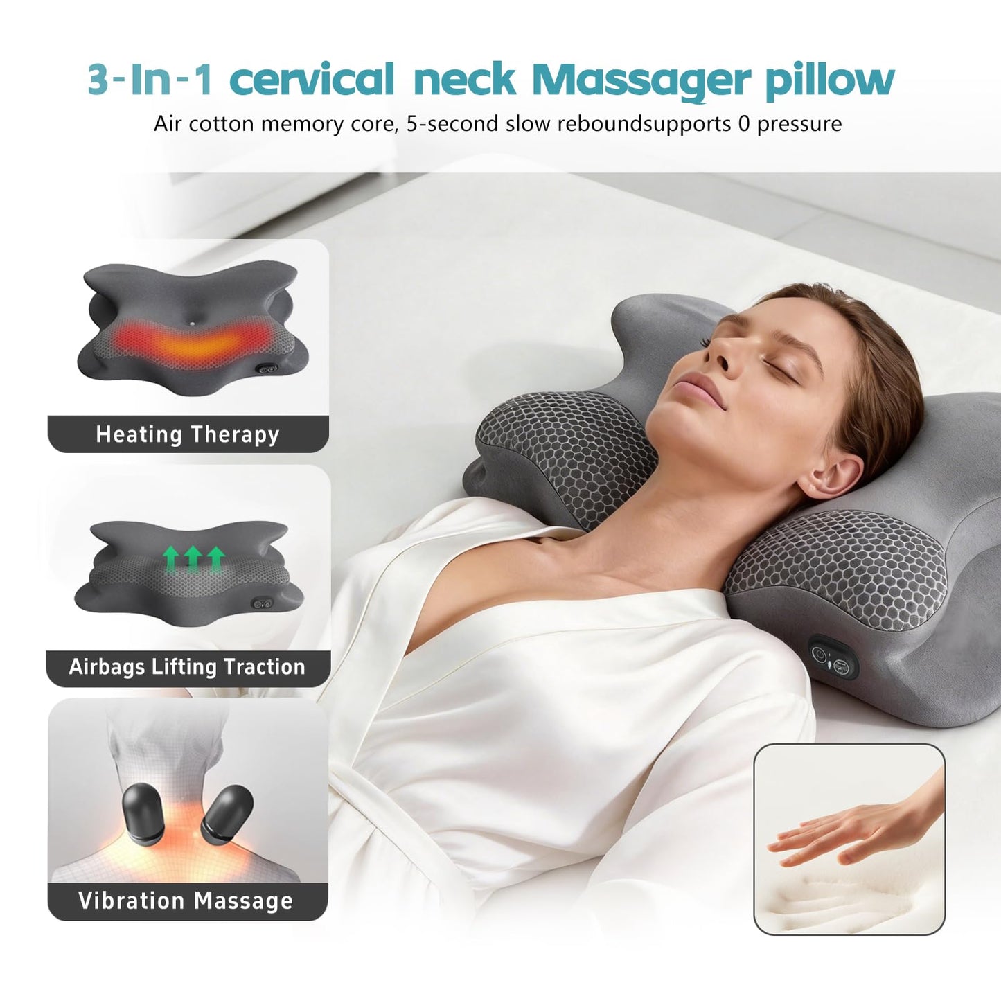 TUFPUZRLCT 3-in-1 Cervical Neck Pillow for Neck Pain Relief with Heating