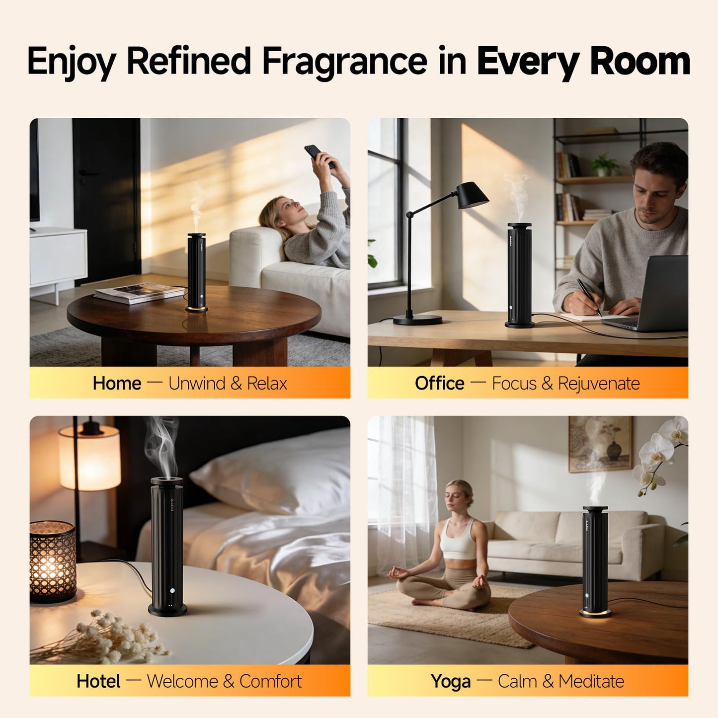 FEPPO Waterless Diffuser – Diffuser for Home, Hotel, Office | Essential Oil Diffuser Starter Kit with 5×20mL Hotel Scent Oils, 6 Scent Levels, 4 Timer Modes, Quiet Diffuser, 1000+ Sq Ft