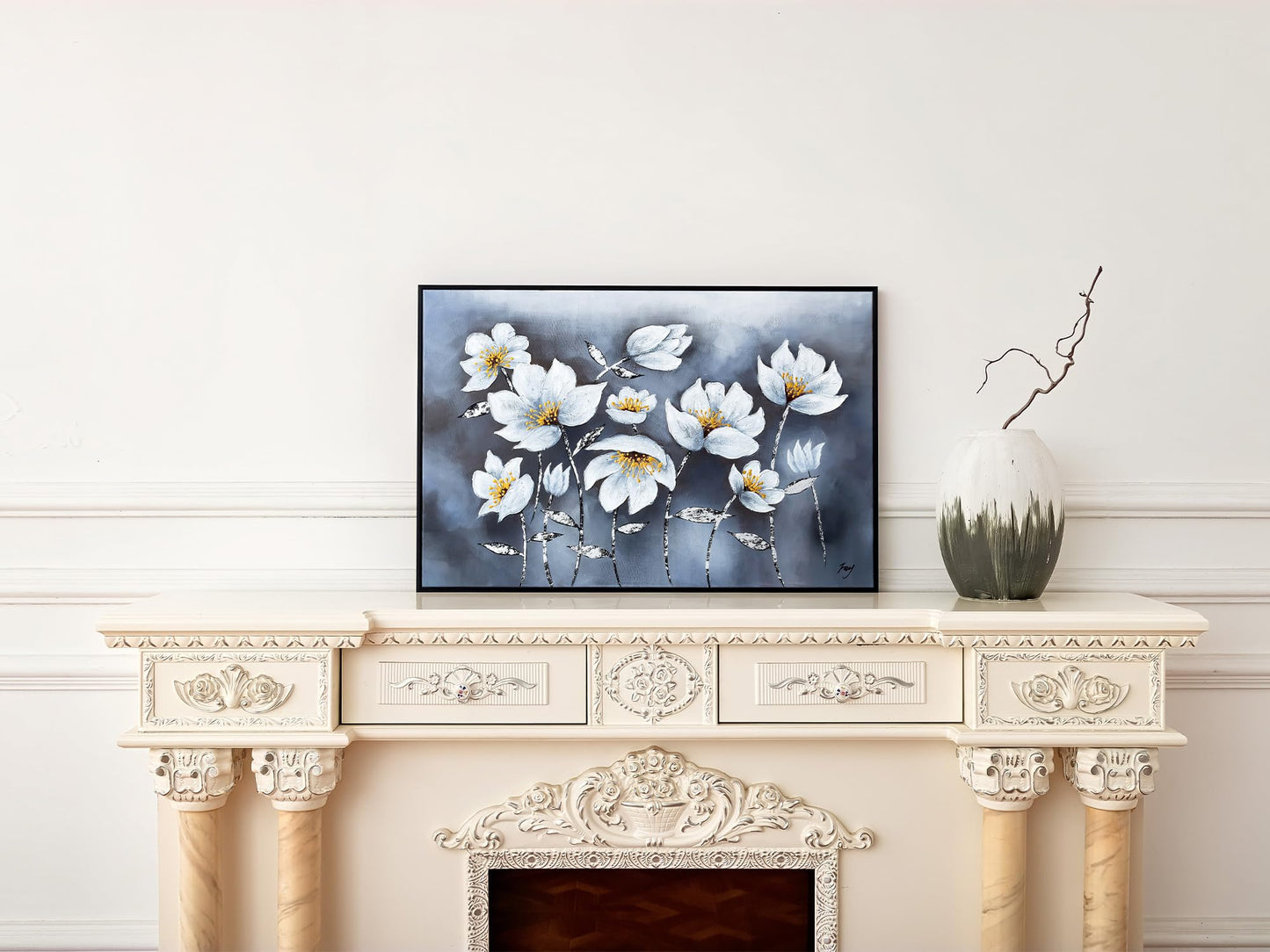 Eonzeun Hand Painted Textured White Floral Oil Painting, 24x36 Inch Wood Framed Canvas Wall Art, Modern Luxury Home Decor for Living Room Bedroom