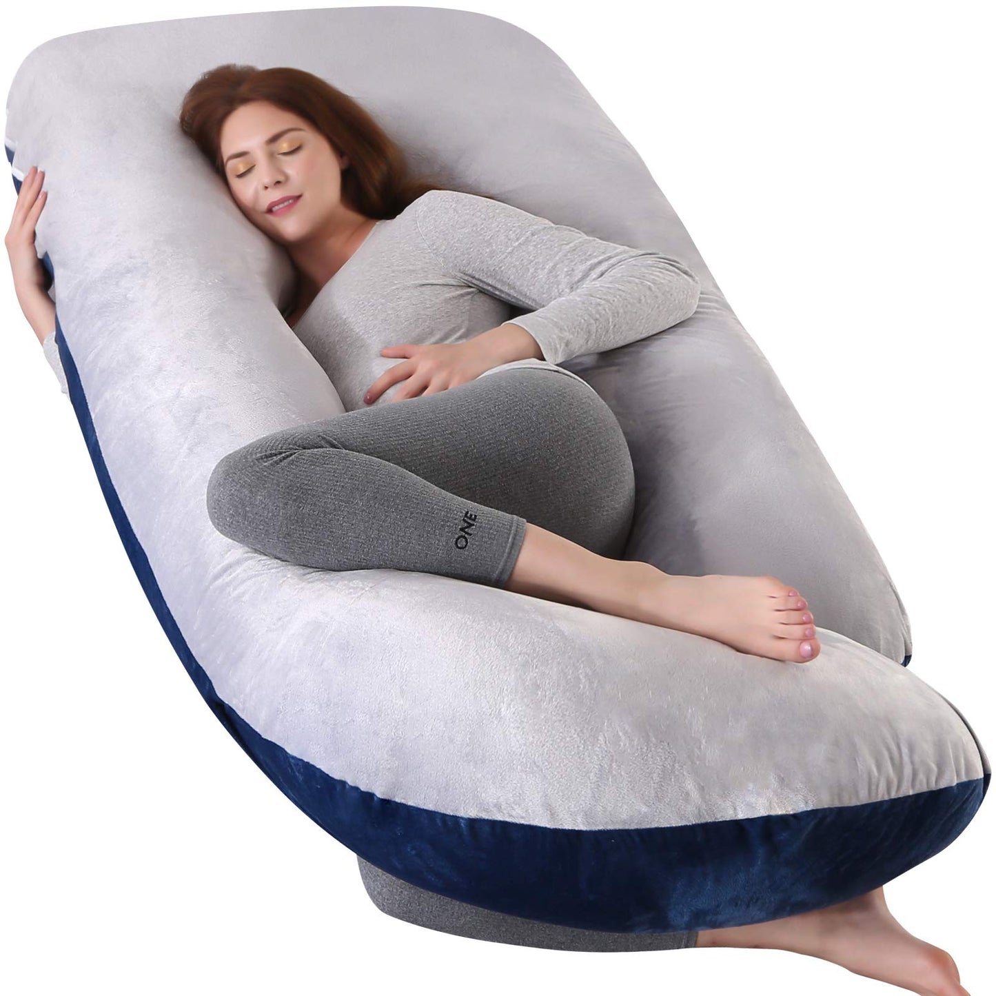 U-Shaped Full Body Pregnancy Pillow for Sleeping – 57" Maternity Pillow with Removable Cover, Support for Back, Legs, Belly & Hips (Velvet-Blue and Grey)