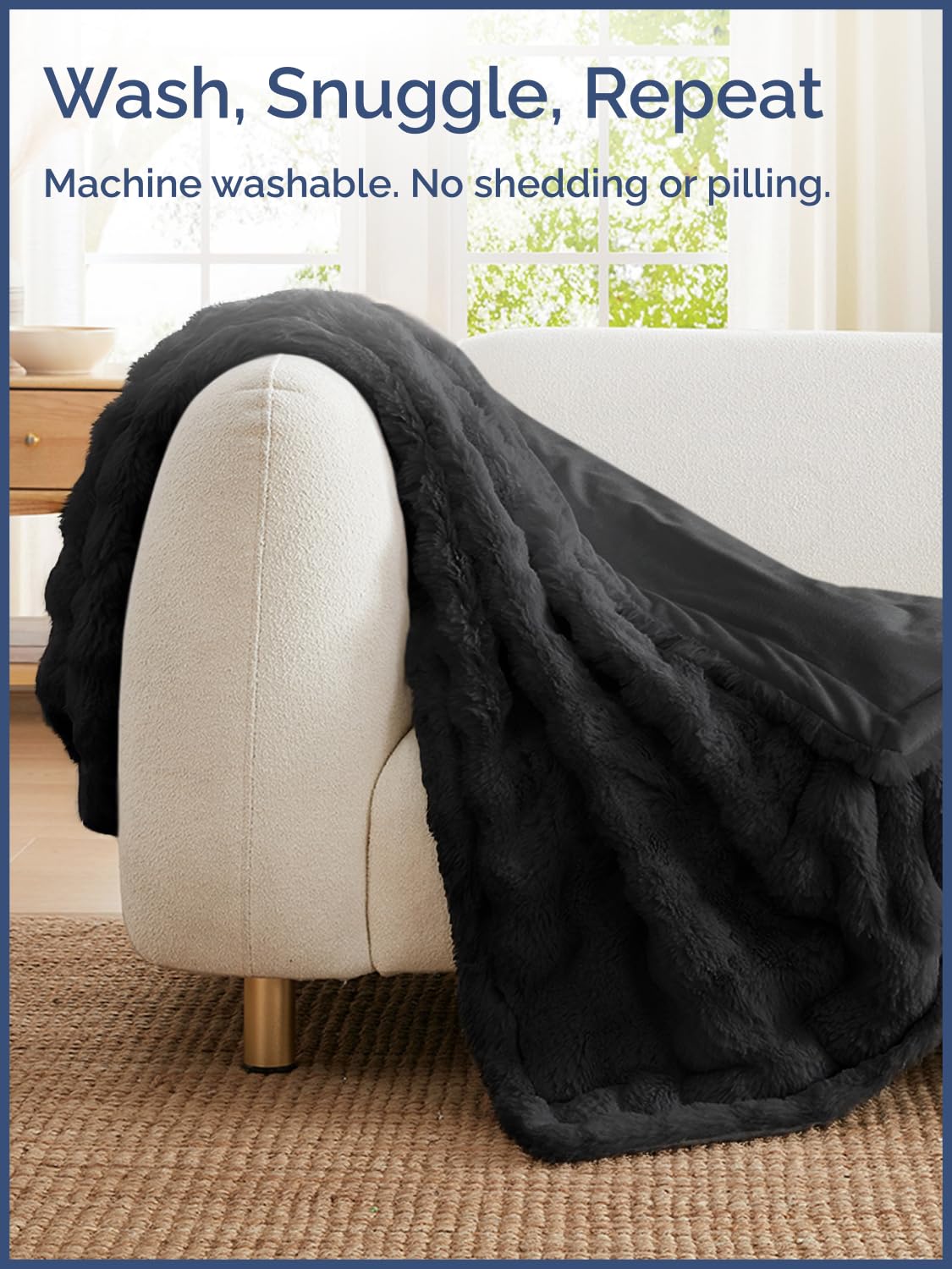 Black Throw Blanket - Fluffy Throw Bubble Blanket Queen Size - Extra Thick Rabbit Faux Fur for Couch, Sofa, Chair or Bed - All Season, Ultra-Soft, Plush, Fuzzy, Cozy for Men, Women & Teens - 90" x 90"