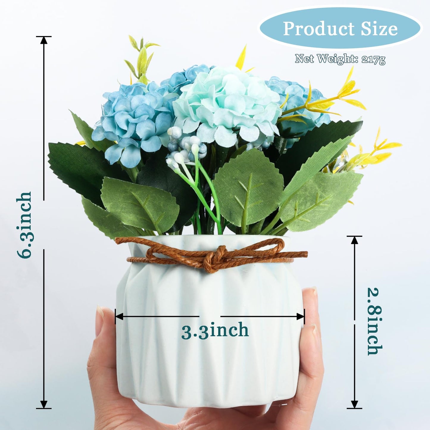 Fumwase Artificial Hydrangea Bouquet with Small Ceramic Vase Artificial Flower Plants Mini Fake Hydrangea Flowers Decoration Indoor for Home Office Table Bedroom Living Room Party (Blue)